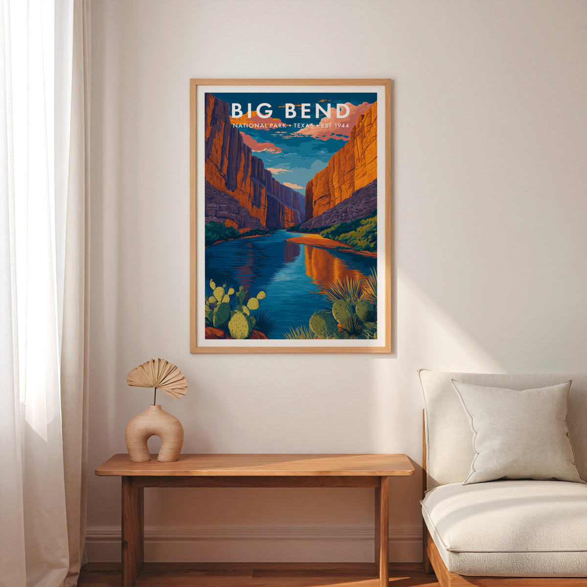 Big Bend National Park mid-century modern art print framed on a soft white wall above an entry bench with a linen cushion — entryway wall art