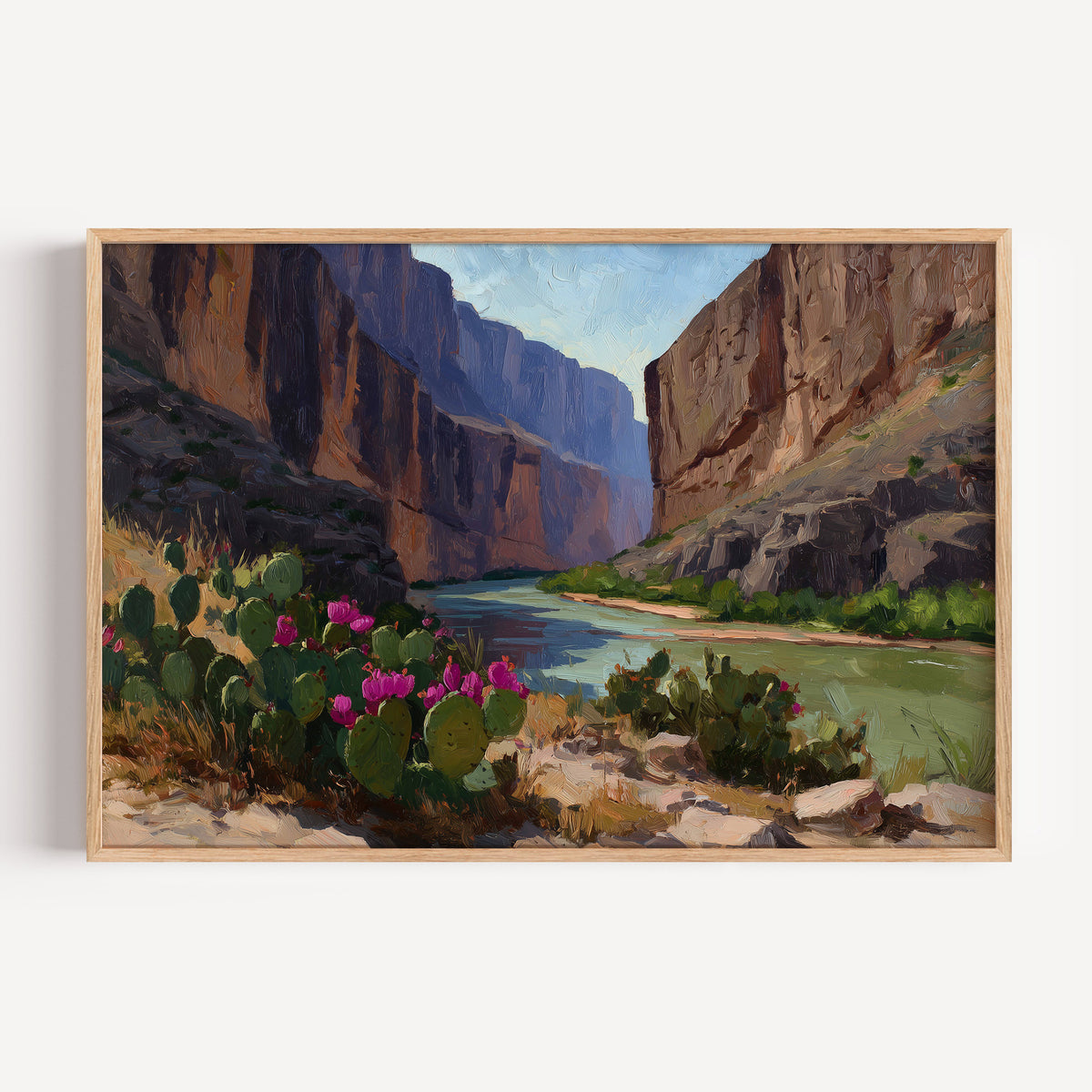 Big Bend National Park oil painting print in a light oak frame: canyon walls above the Rio Grande