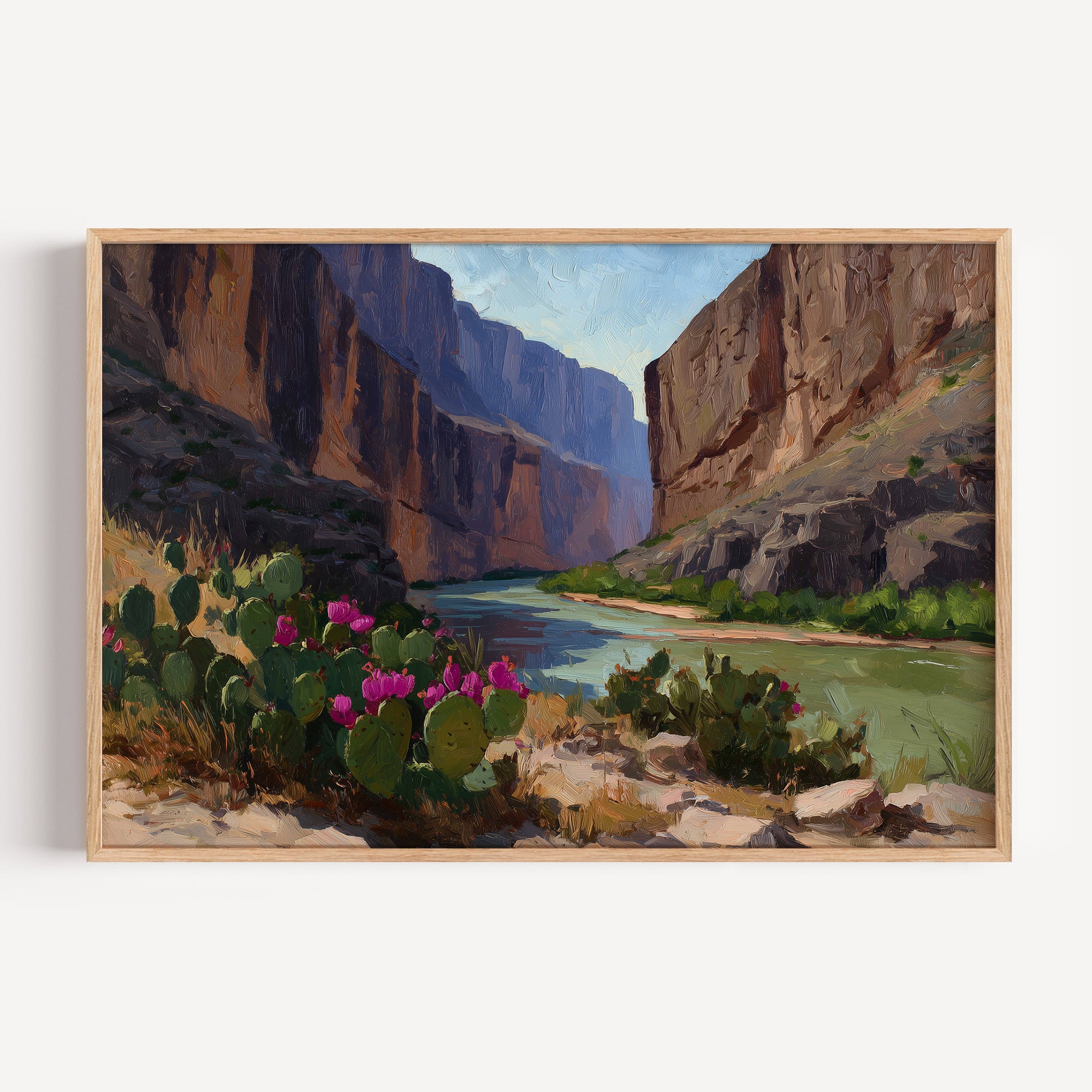 Big Bend National Park oil painting print in a light oak frame: canyon walls above the Rio Grande