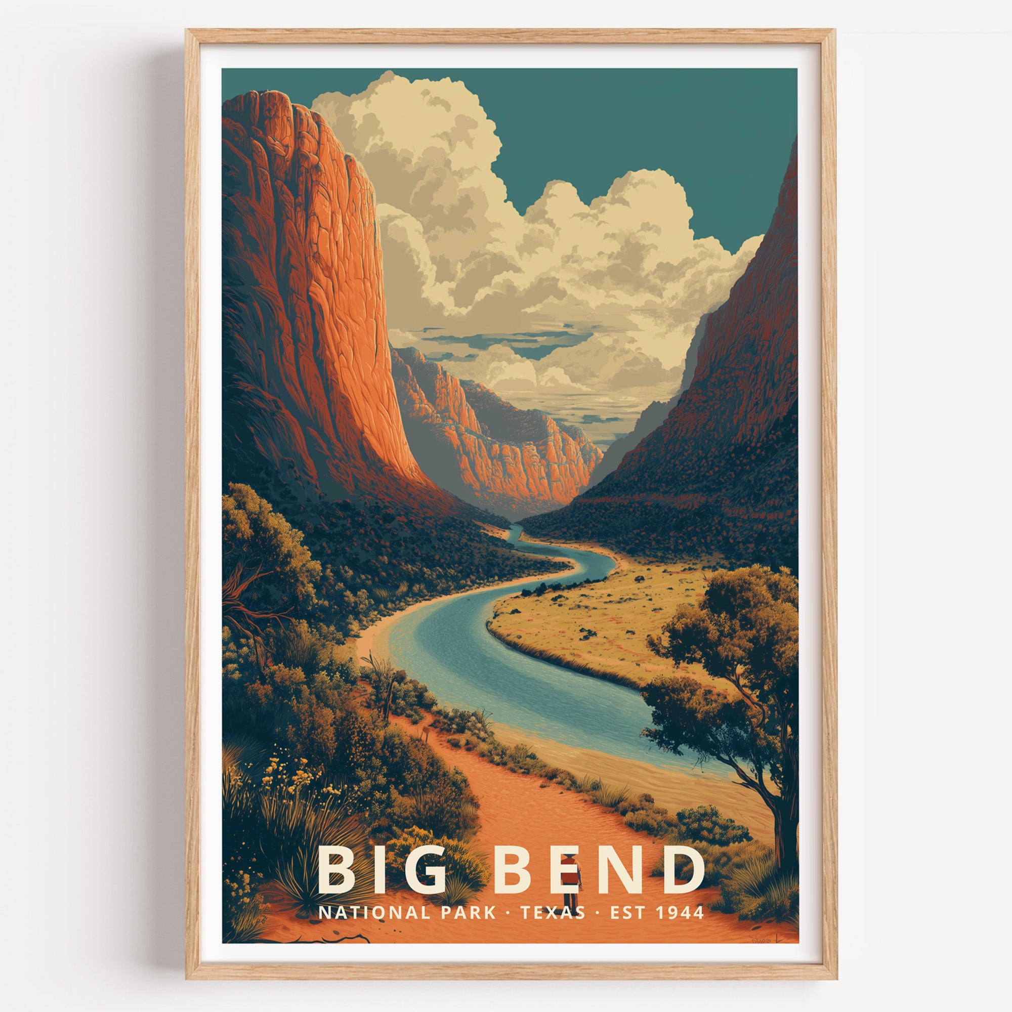 Big Bend National Park retro travel poster — the Rio Grande curving between towering canyon walls in the Chihuahuan Desert, Texas