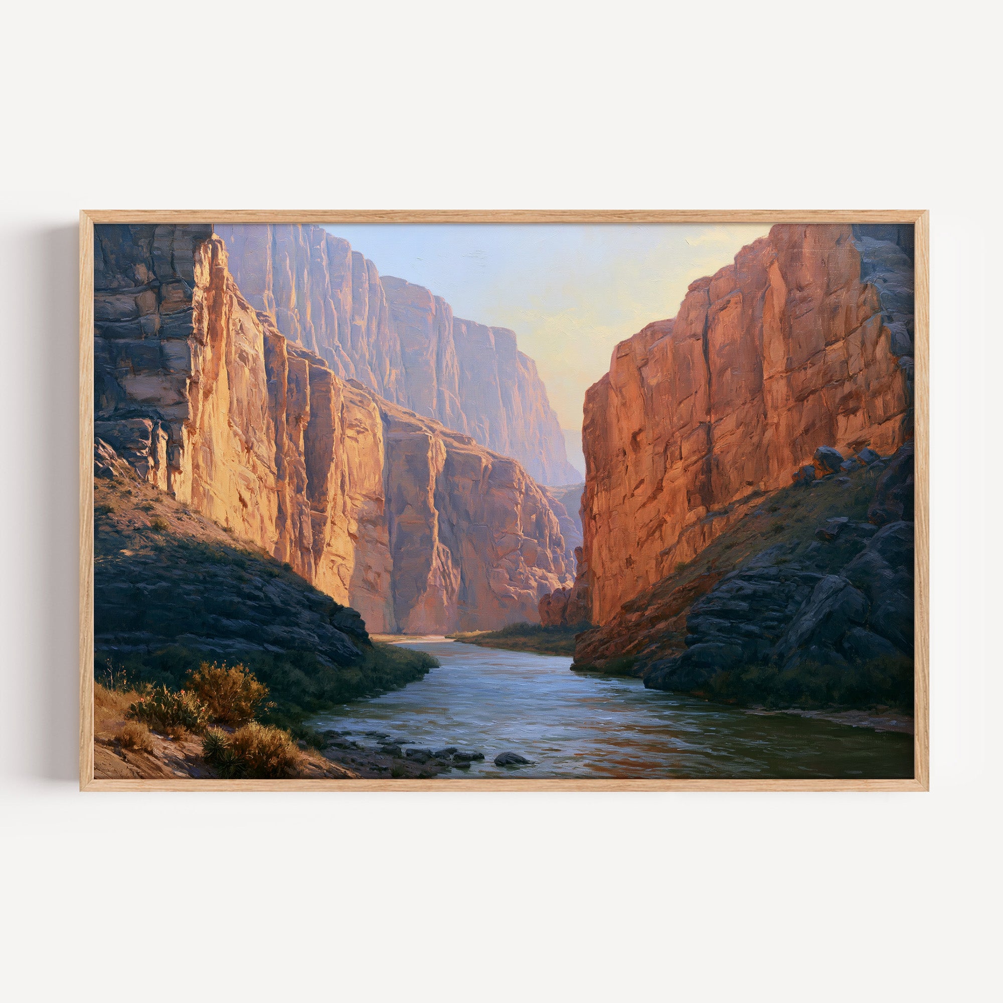 Big Bend National Park classical oil painting print in a light oak frame: canyon walls above the Rio Grande