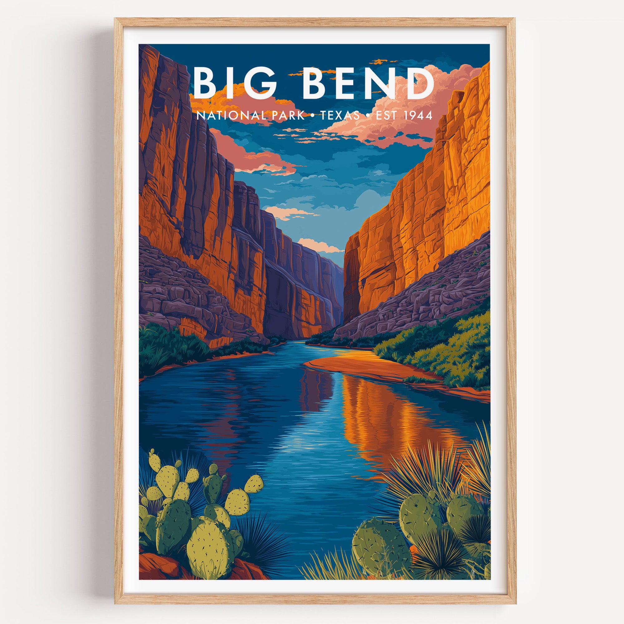 Big Bend National Park mid-century modern art print — the Rio Grande running still and blue through Santa Elena Canyon