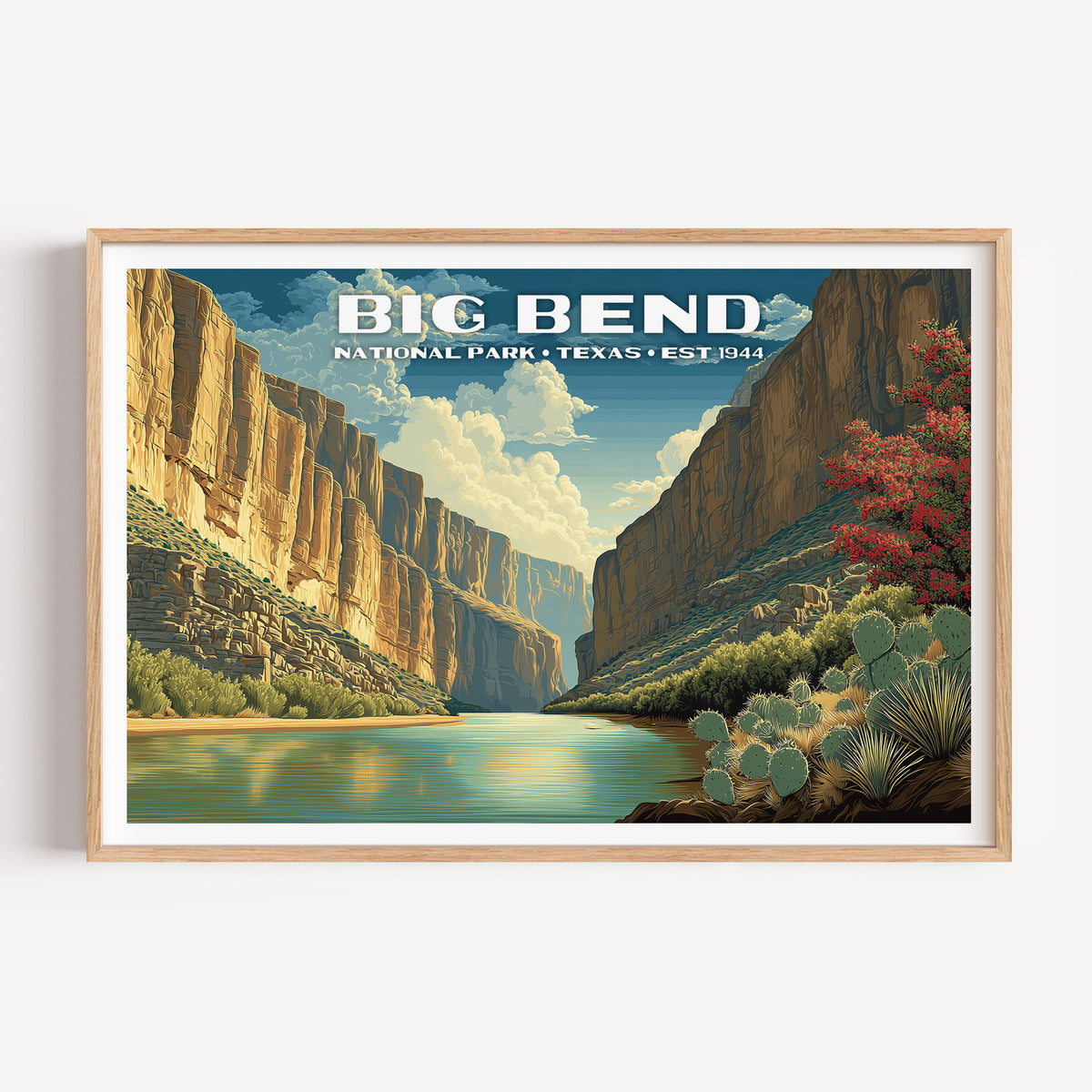 The Rio Grande flowing between the sheer limestone walls of Santa Elena Canyon — Big Bend National Park vintage WPA travel poster print