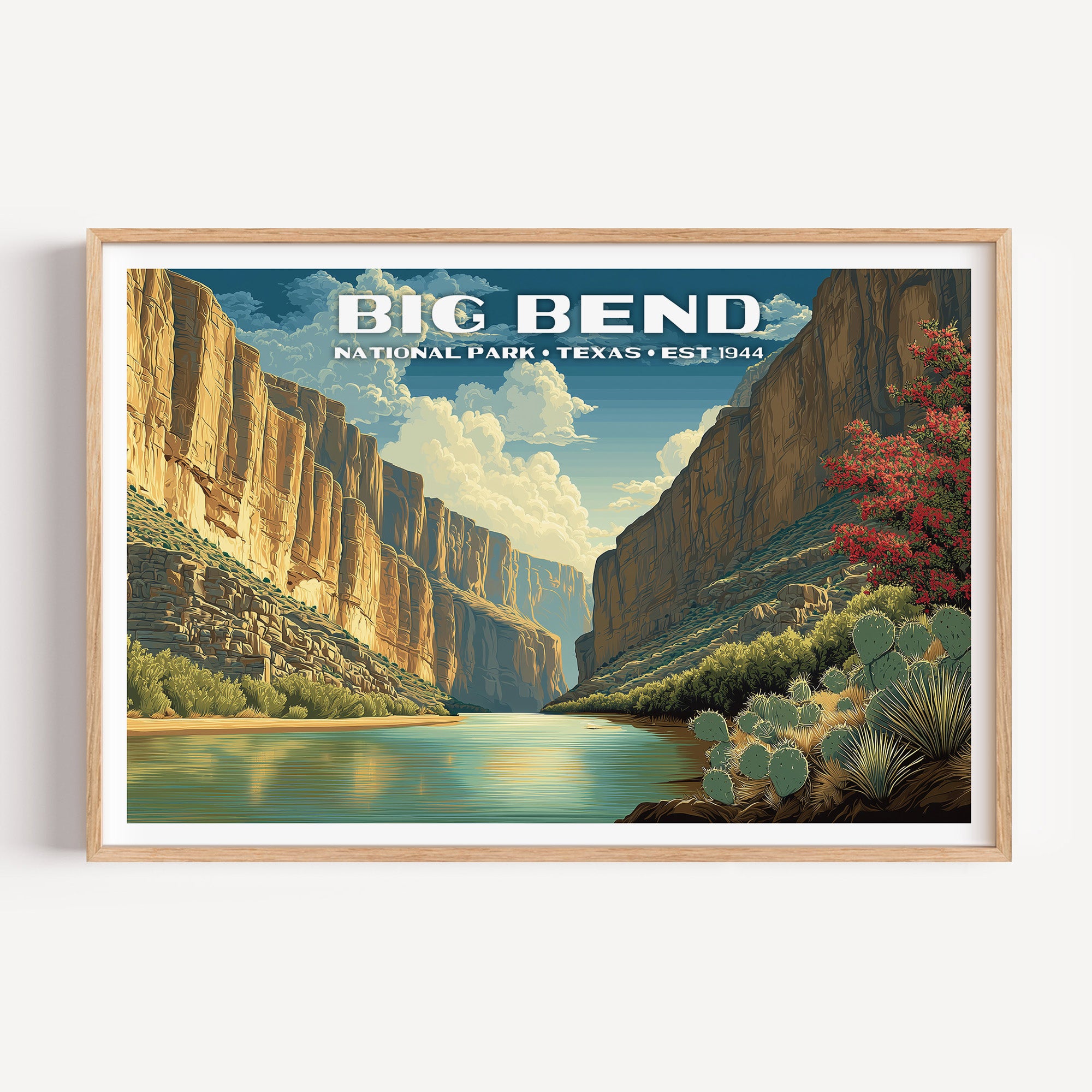 The Rio Grande flowing between the sheer limestone walls of Santa Elena Canyon — Big Bend National Park vintage WPA travel poster print