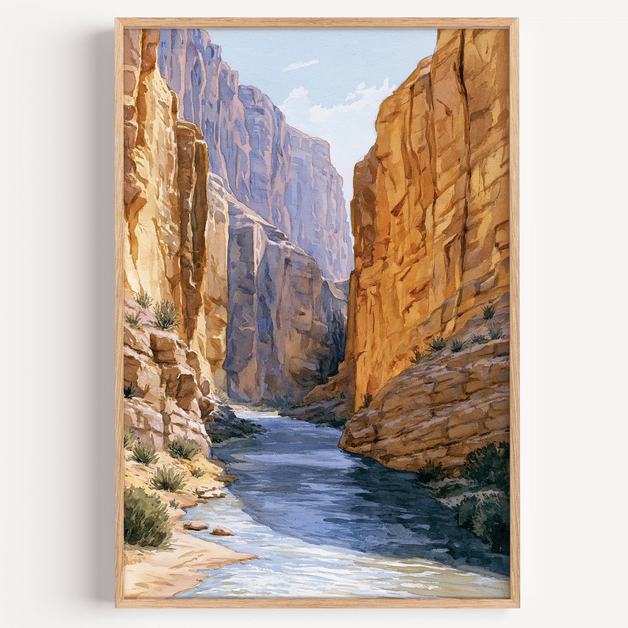 Big Bend National Park watercolor art print: sunlit Santa Elena Canyon walls above the green Rio Grande