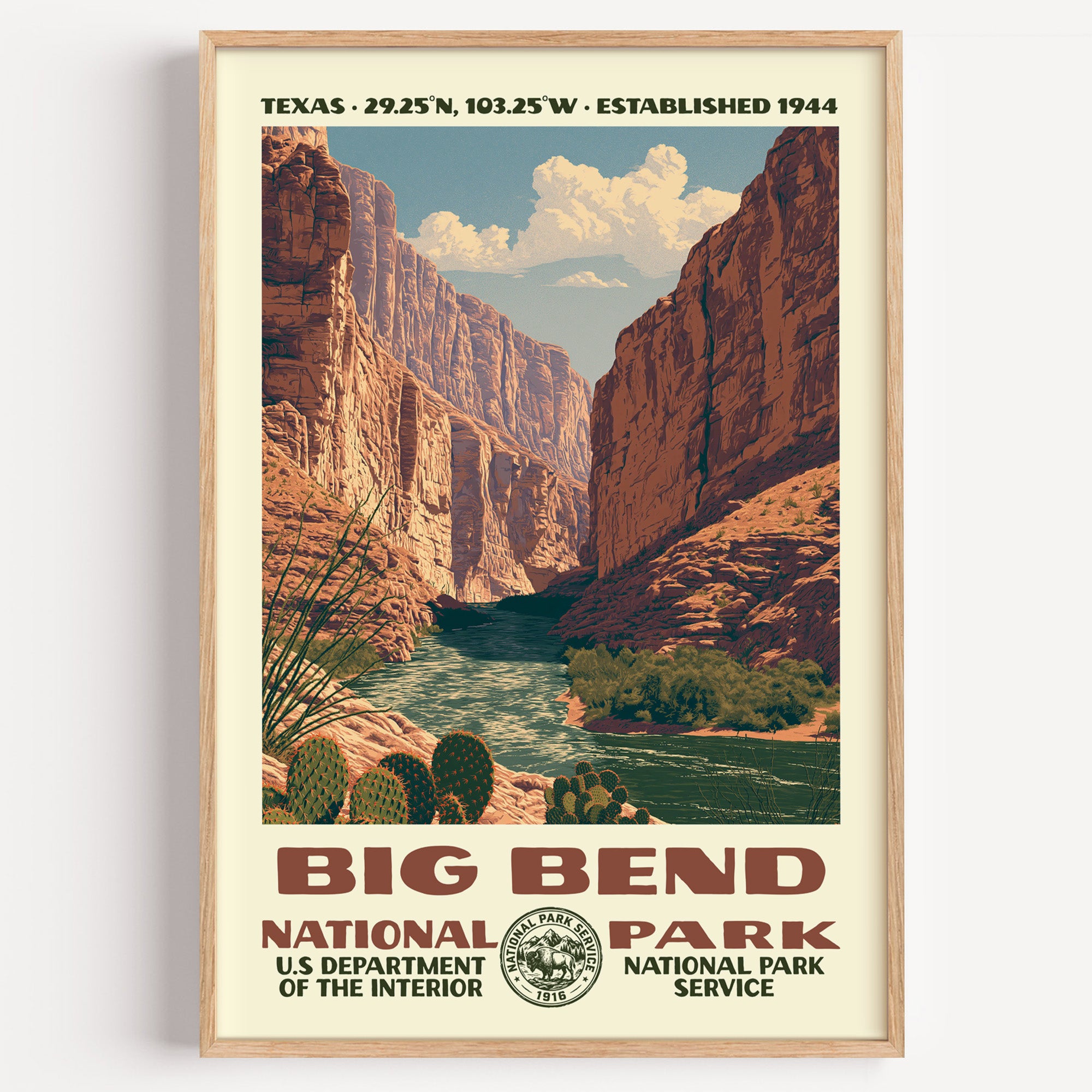 Big Bend National Park vintage WPA poster in a wood frame, Santa Elena Canyon walls towering over the Rio Grande