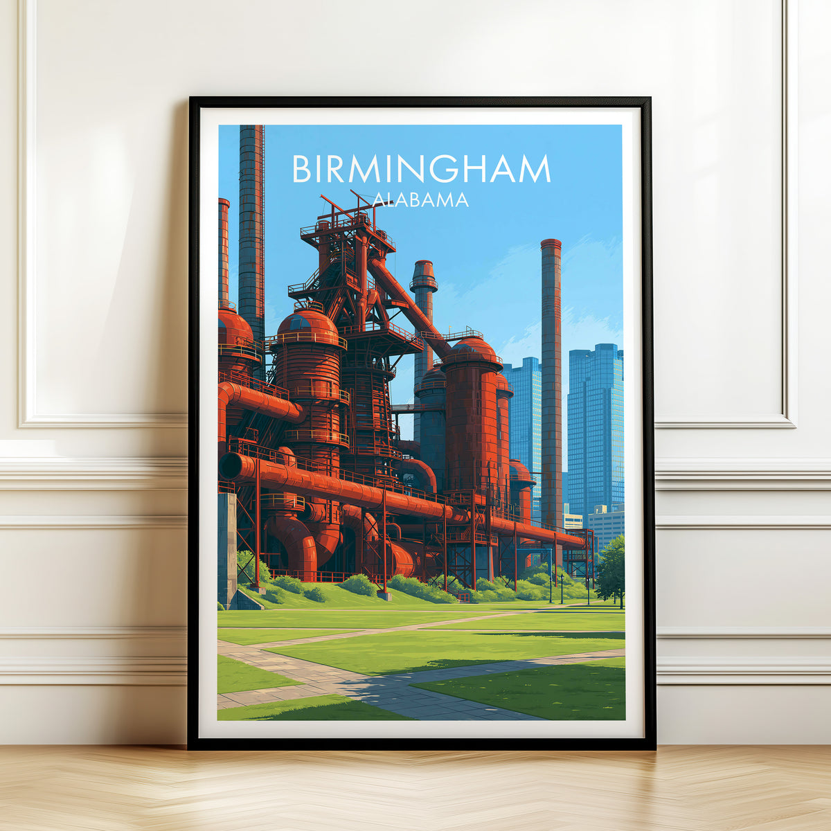 Birmingham ironworks print in a black frame leaning on a white panelled wall above a herringbone floor