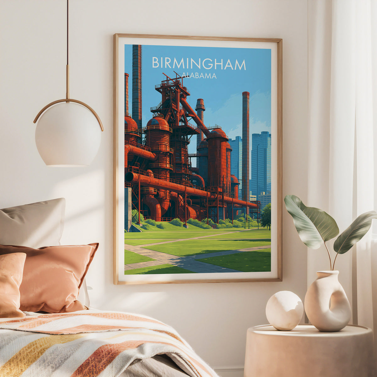 Large oak framed Birmingham artwork above a bed with rust bedding and a brass pendant lamp