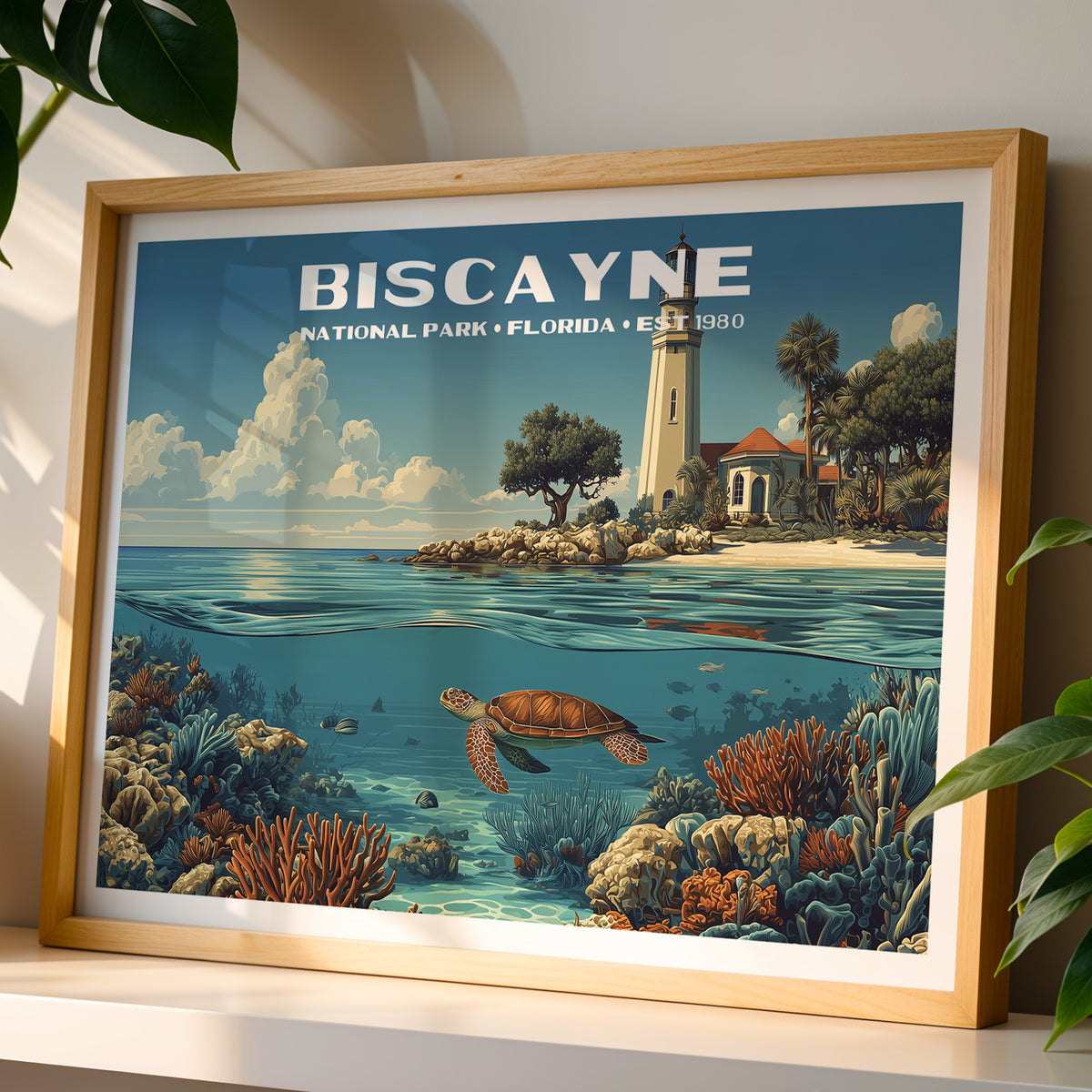Biscayne National Park wall art print in a light oak frame, leaning on a white shelf in warm sunlight beside a monstera plant
