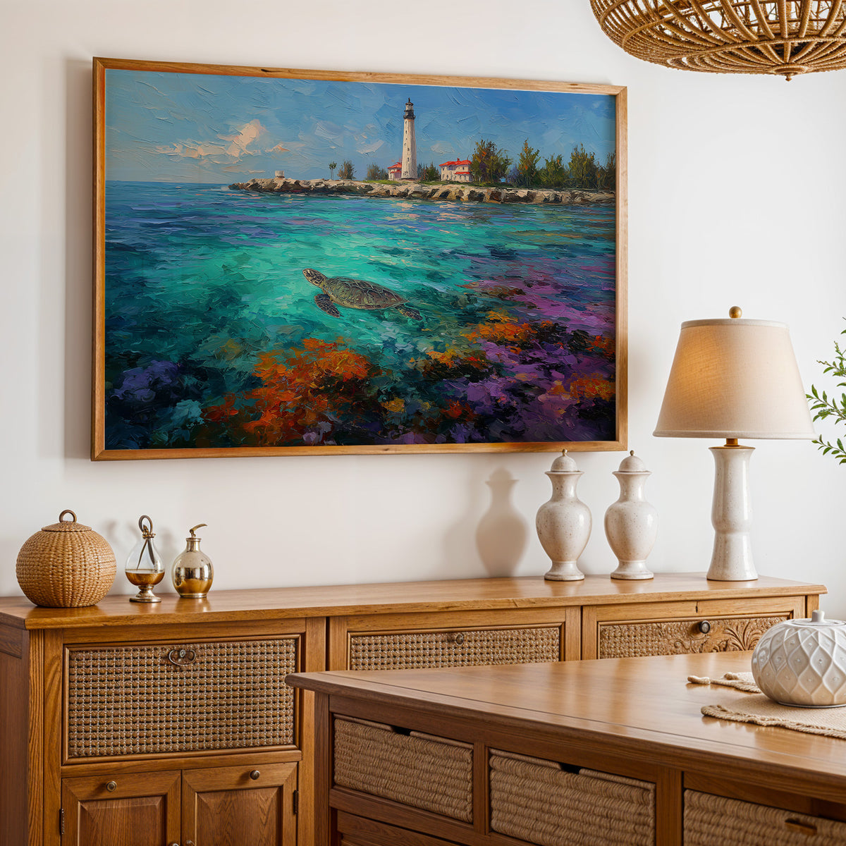 Biscayne National Park framed print leaning on a sunlit windowsill with a mountain view