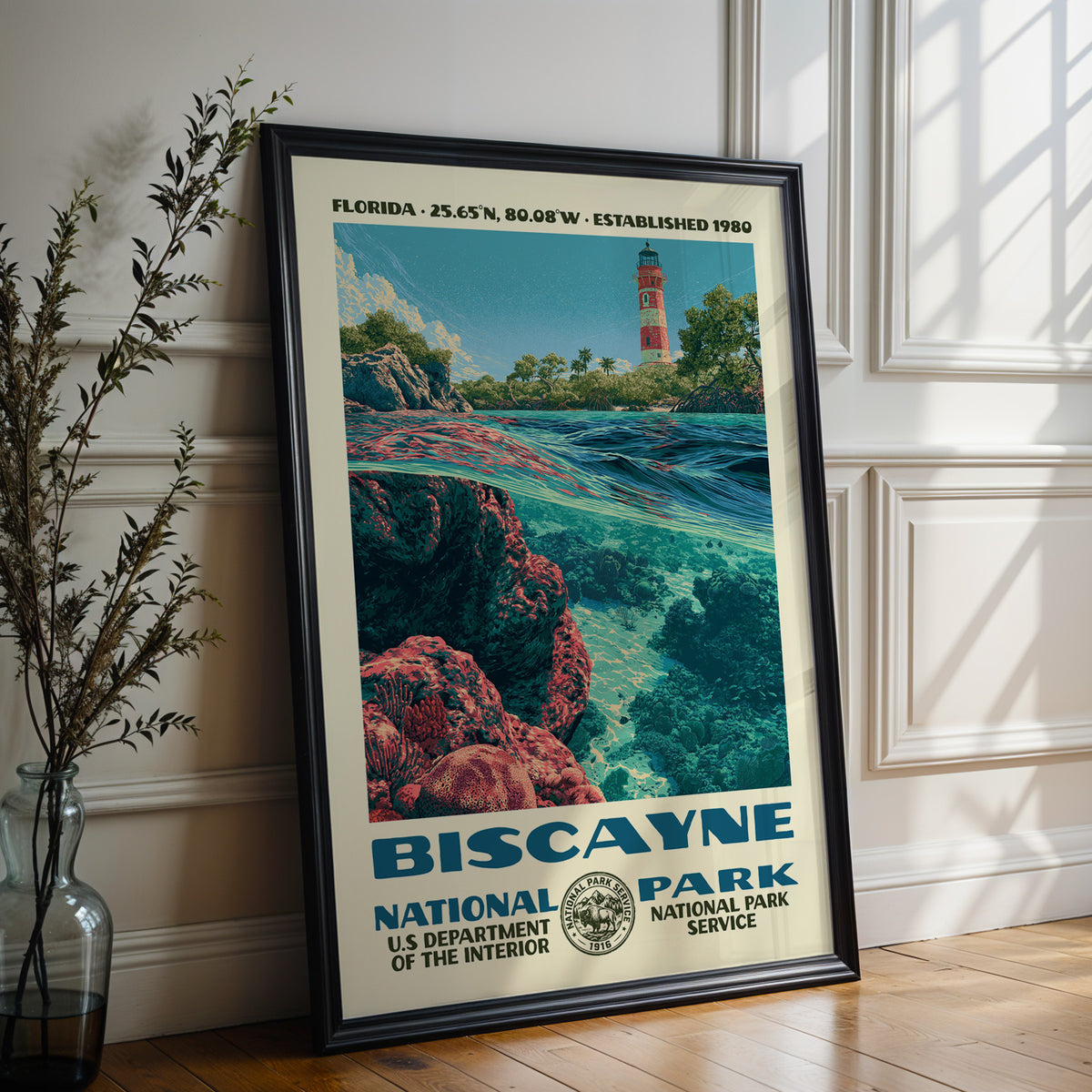 Large Biscayne National Park WPA poster in a black frame leaning on a white panelled wall