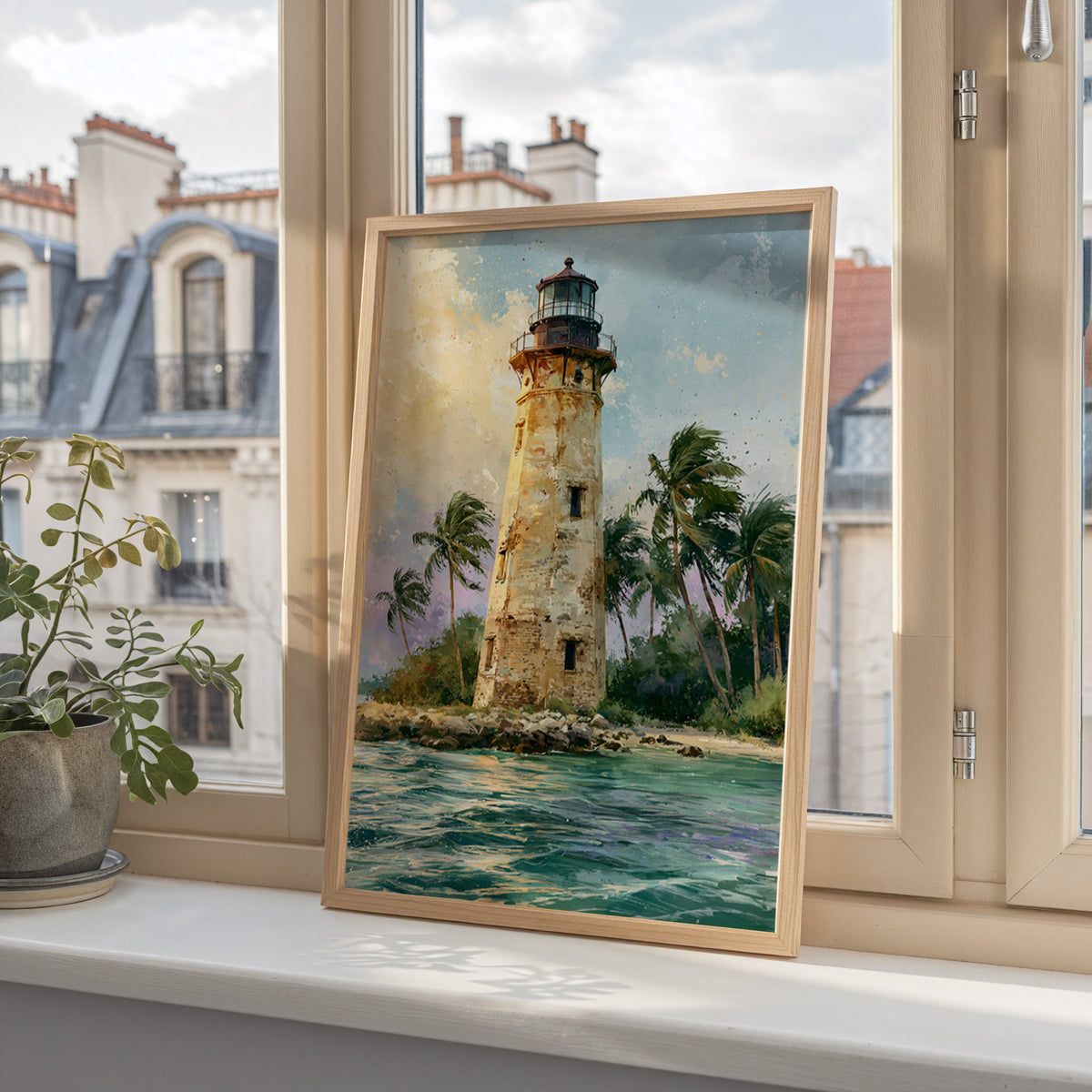 Biscayne National Park watercolor art print in a wood frame on a windowsill overlooking city rooftops