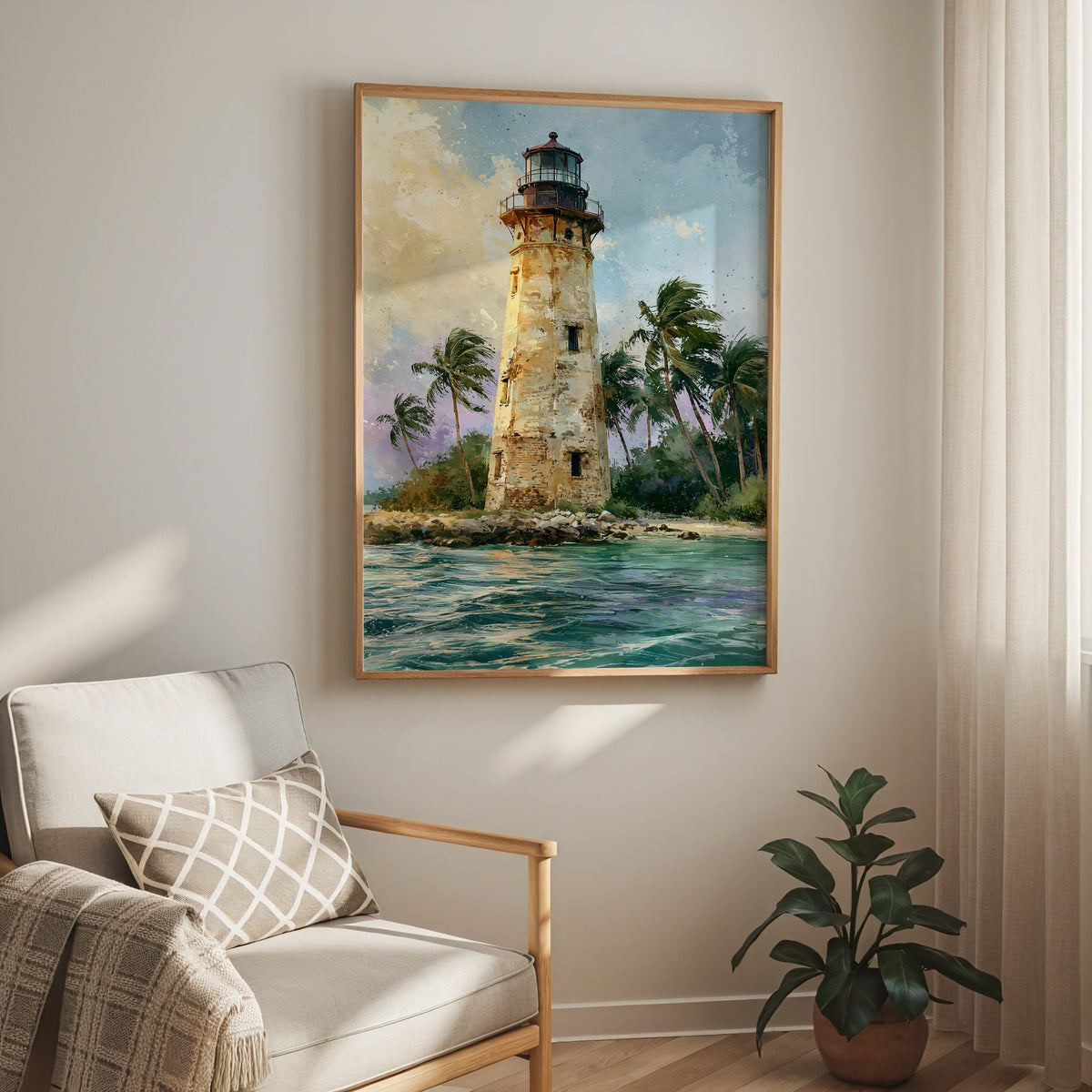 Oak-framed Biscayne National Park watercolor print hung above a cream armchair in a bright living room
