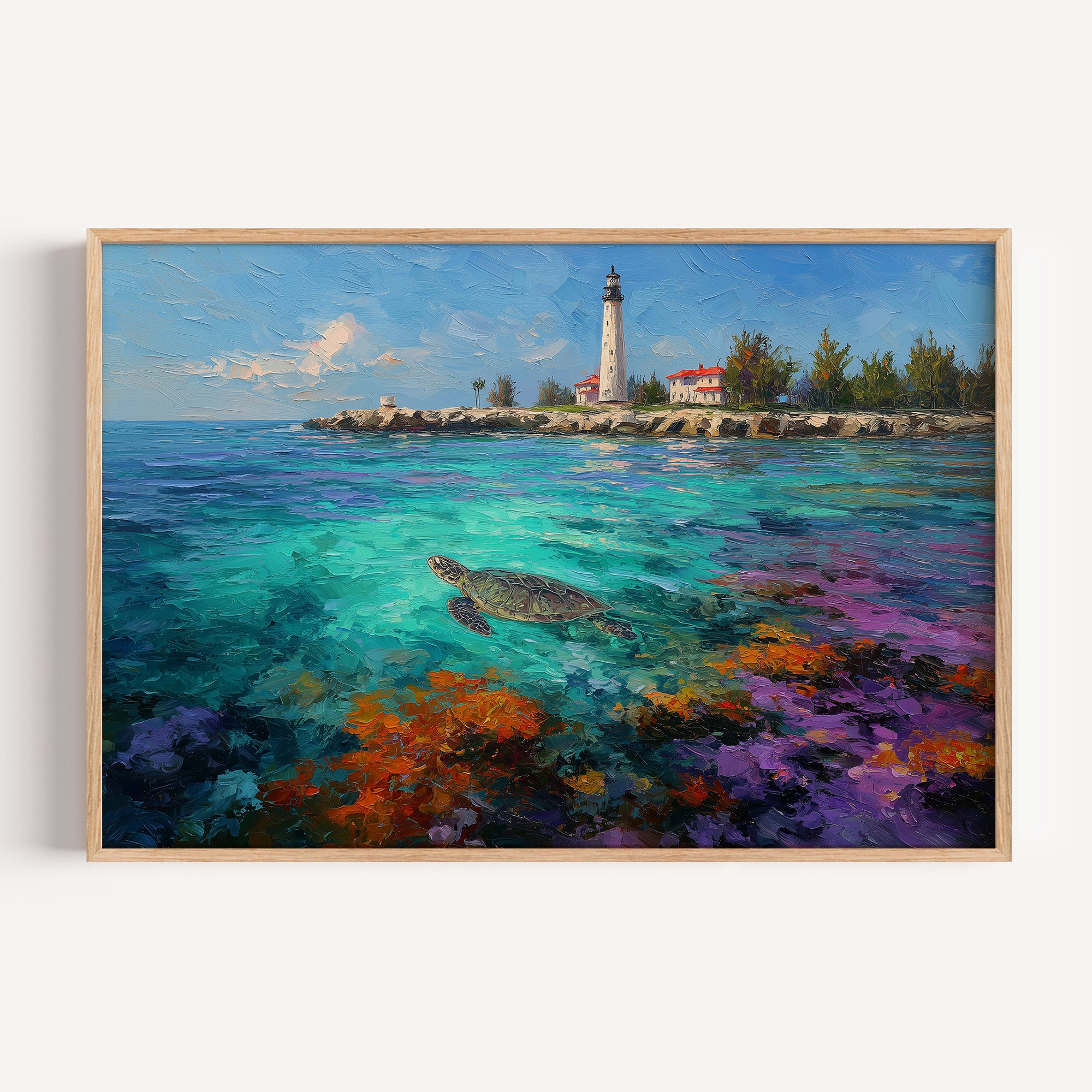 Biscayne National Park oil painting print in a light oak frame: a sea turtle over coral reef