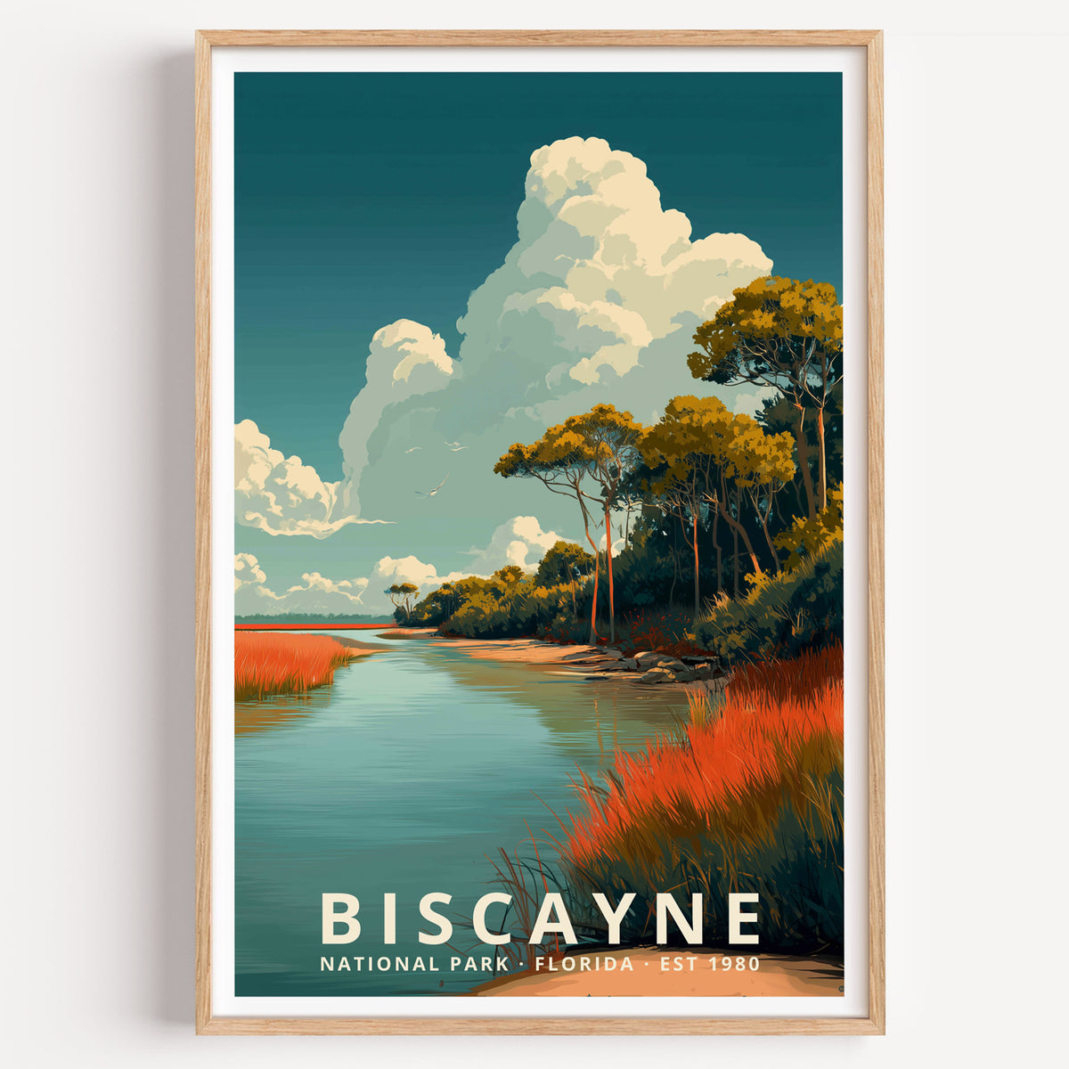 Biscayne National Park retro travel poster — mangrove shoreline and turquoise shallows under towering Florida clouds, Florida