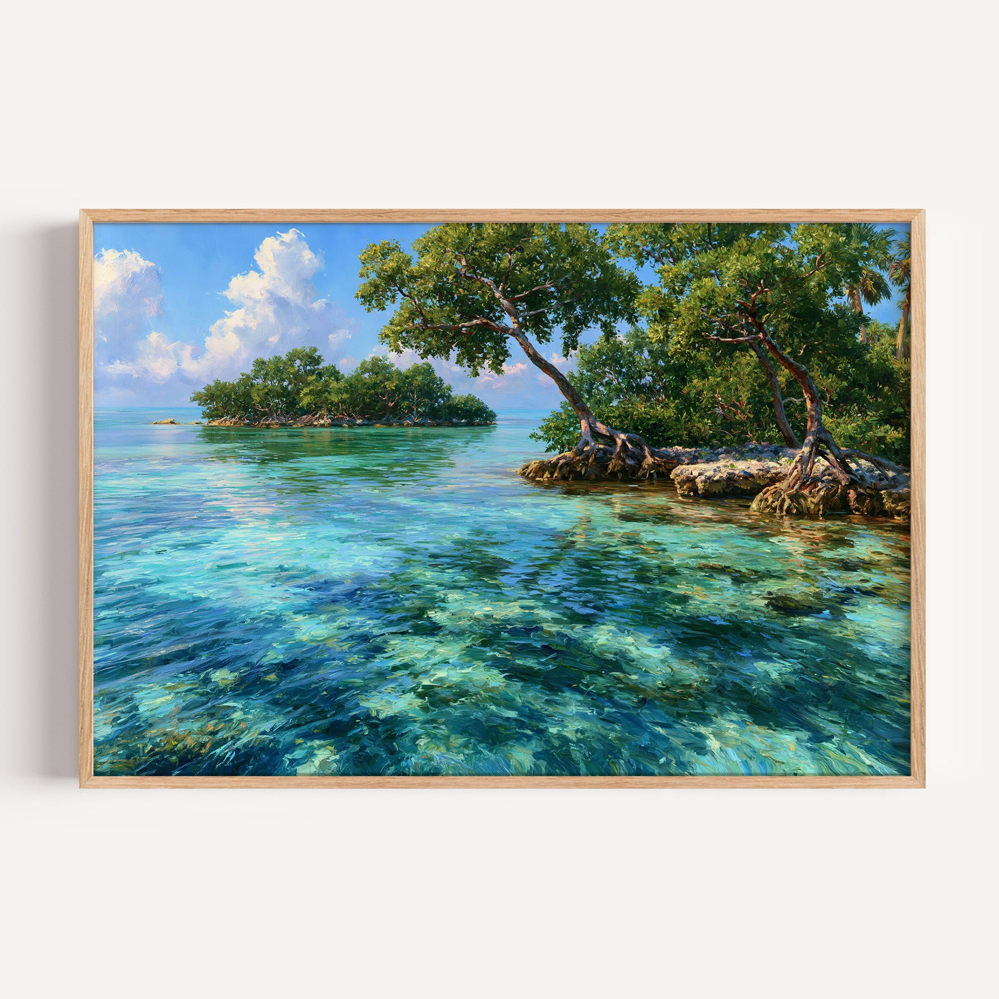 Biscayne National Park classical oil painting print in a light oak frame: mangroves over turquoise water