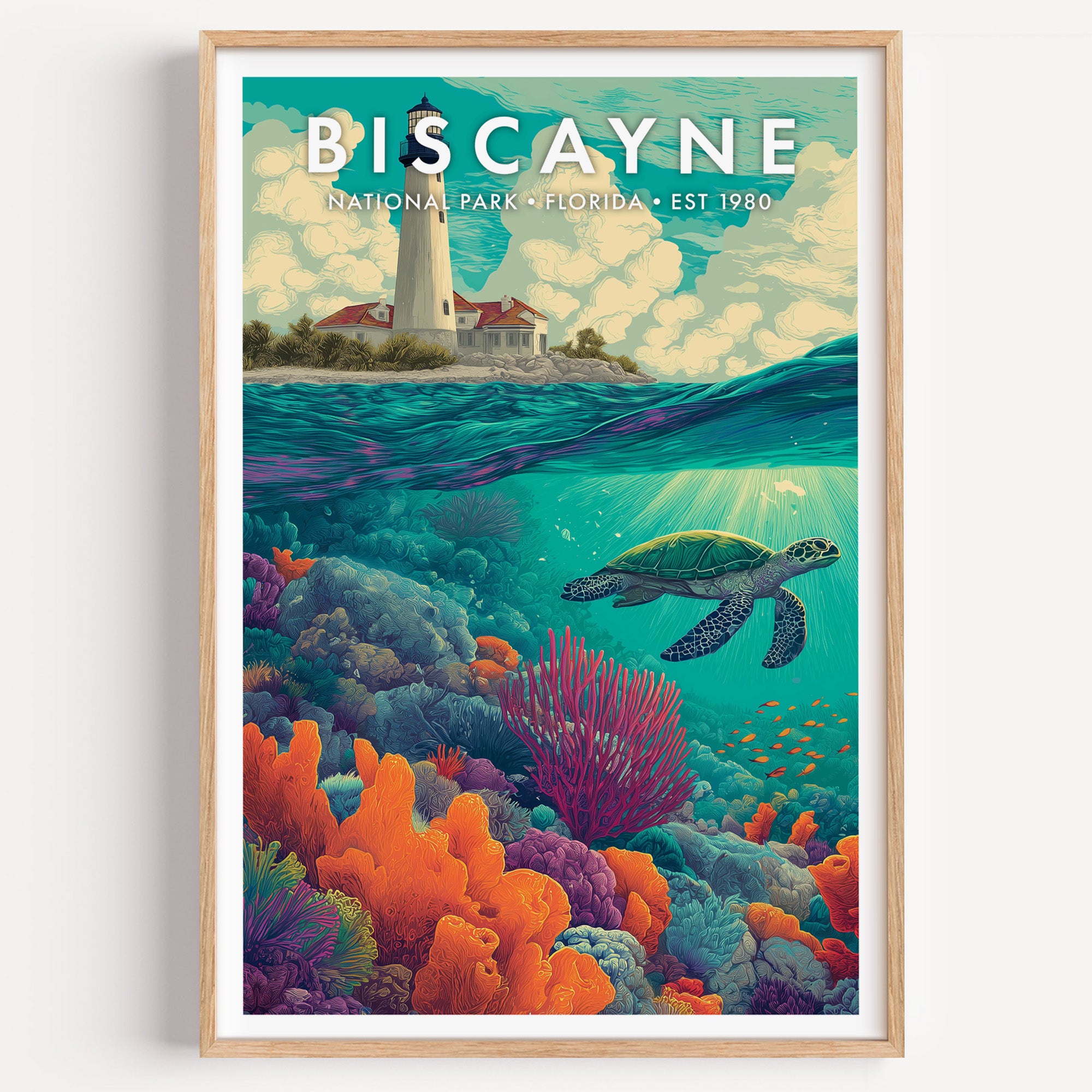 Biscayne National Park mid-century modern art print — a split-level view of a historic lighthouse above a blazing coral reef