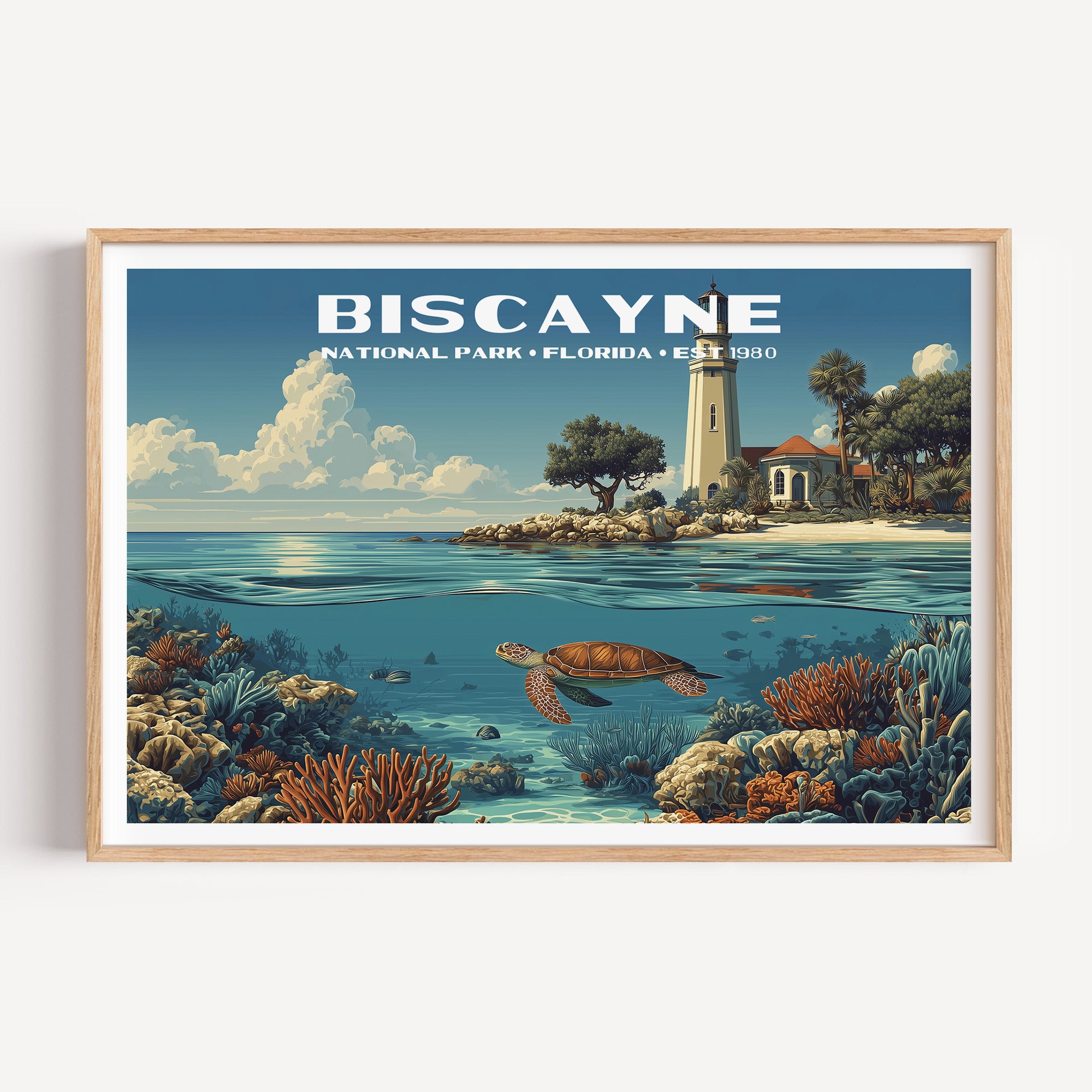 A sea turtle gliding over coral reef below a lighthouse and palms on the shoreline — Biscayne National Park vintage WPA travel poster print