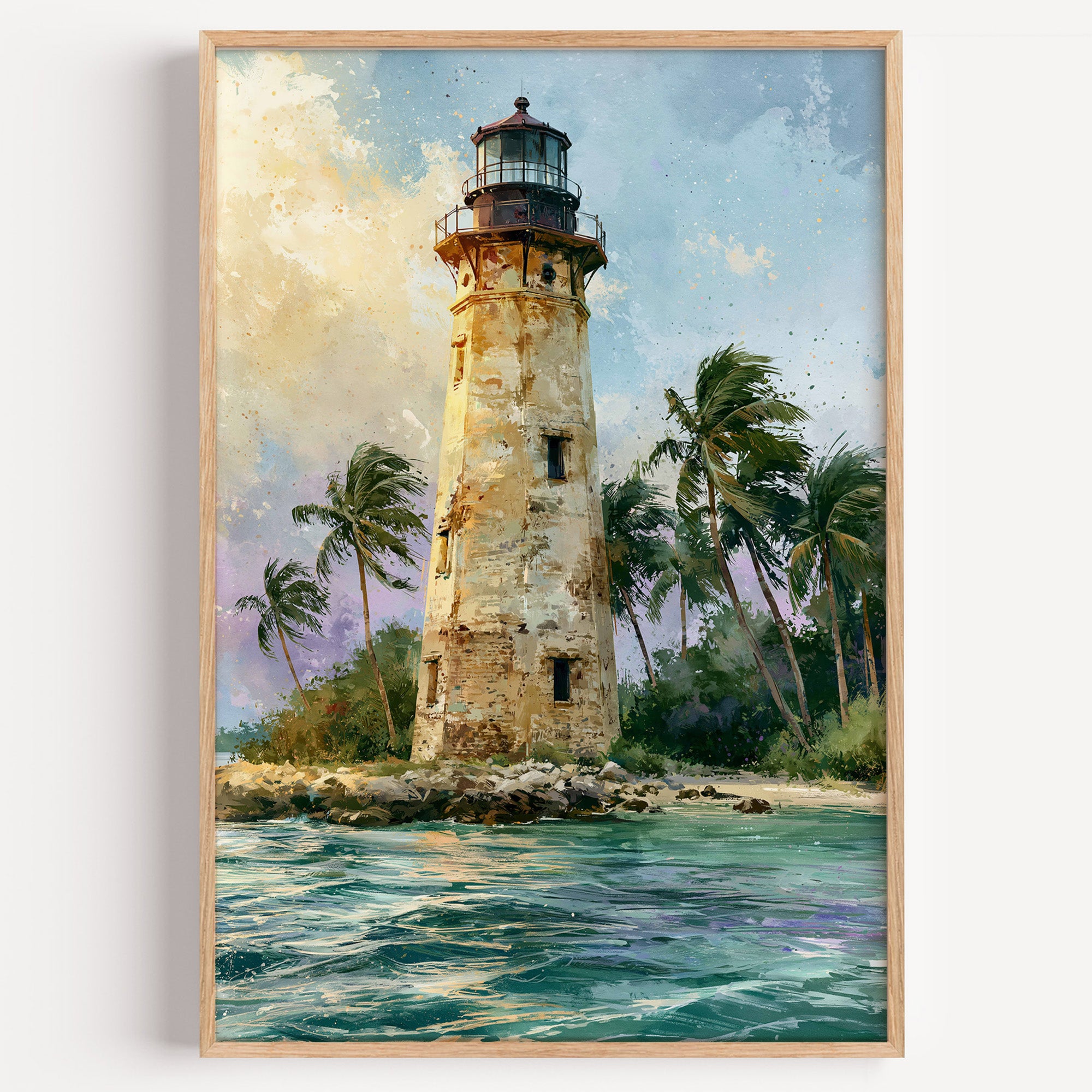 Biscayne National Park watercolor art print: Boca Chita Key lighthouse with palms above pale jade shallows