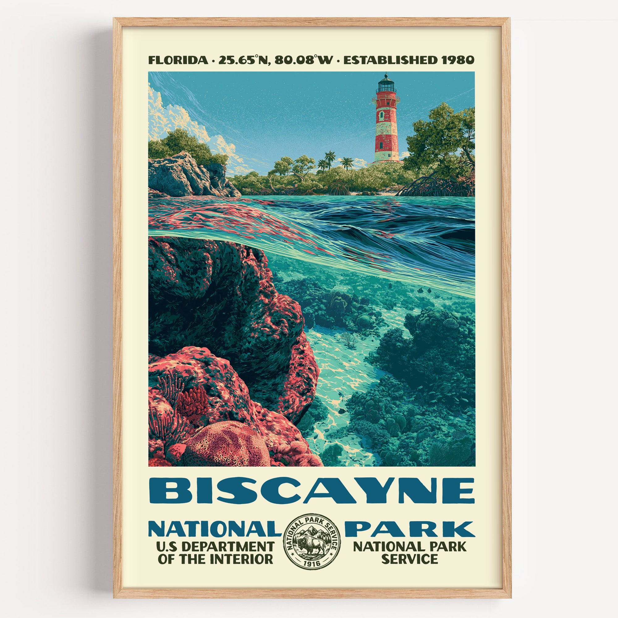 Biscayne National Park vintage WPA poster in a wood frame, Boca Chita lighthouse and coral shallows