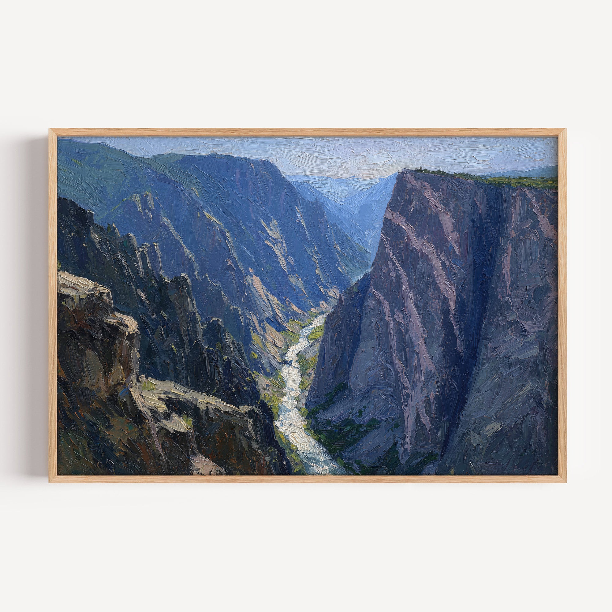 Black Canyon of the Gunnison oil painting print in a light oak frame: dark canyon walls above a white river