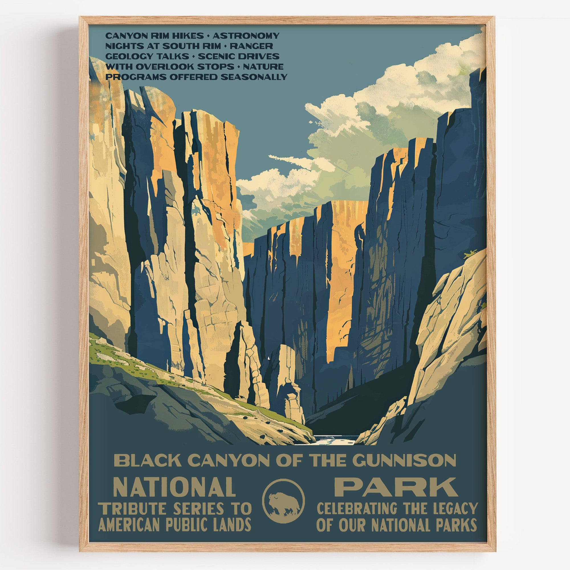 Black Canyon of the Gunnison National Park wall art print in a thin wood frame, sheer dark canyon walls dropping to the river