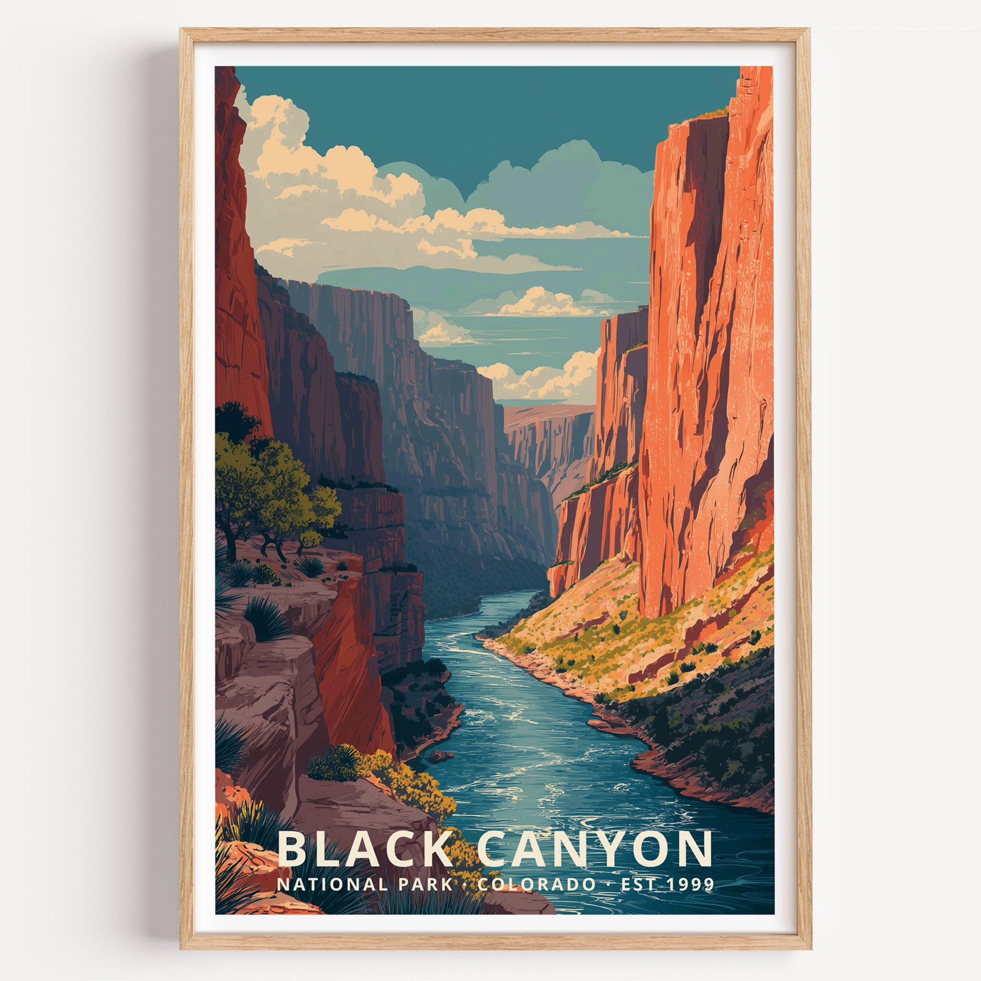 Black Canyon of the Gunnison National Park retro travel poster — sheer canyon walls plunging to the Gunnison River far below, Colorado