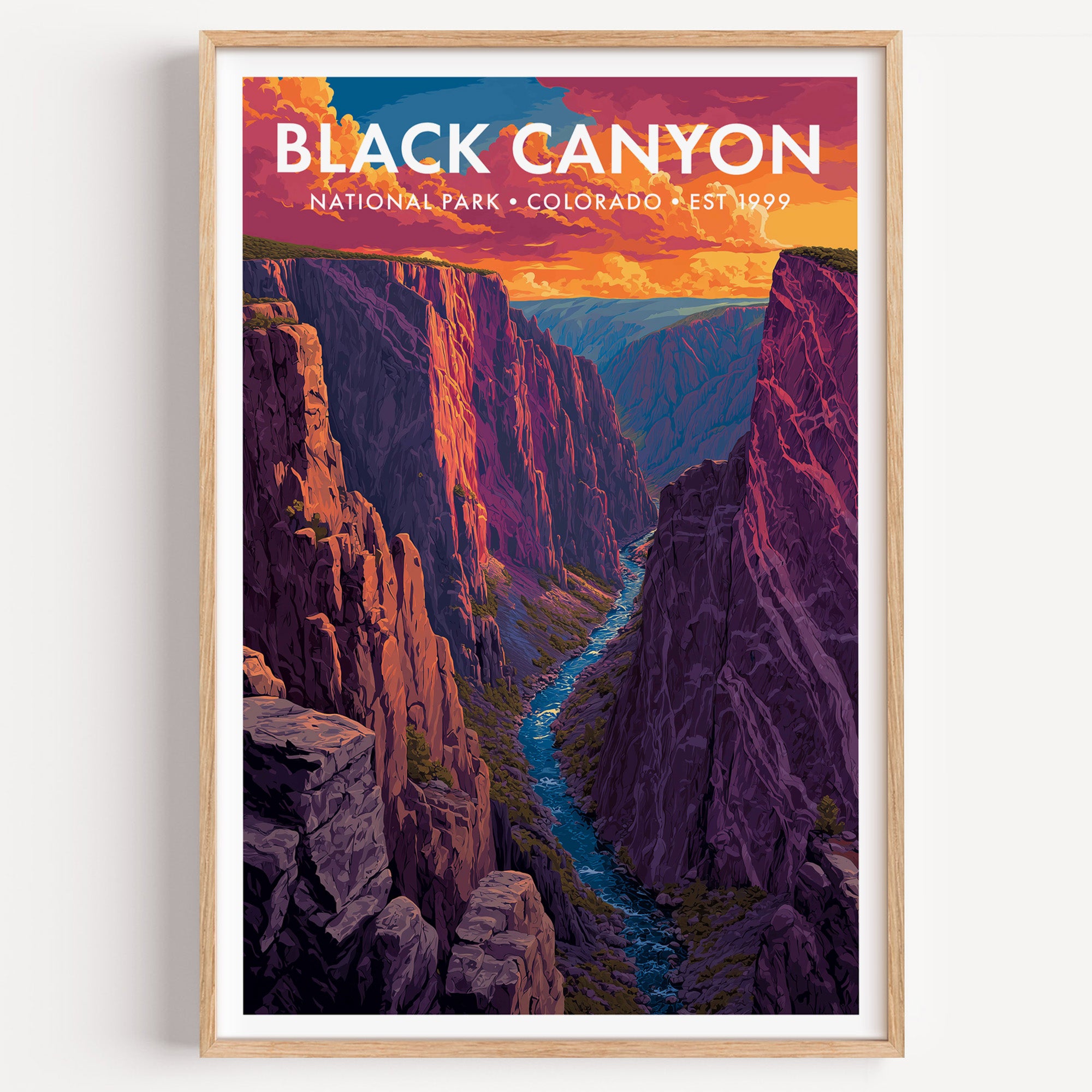 Black Canyon of the Gunnison National Park mid-century modern art print — near-vertical violet and charcoal walls above the Gunnison River