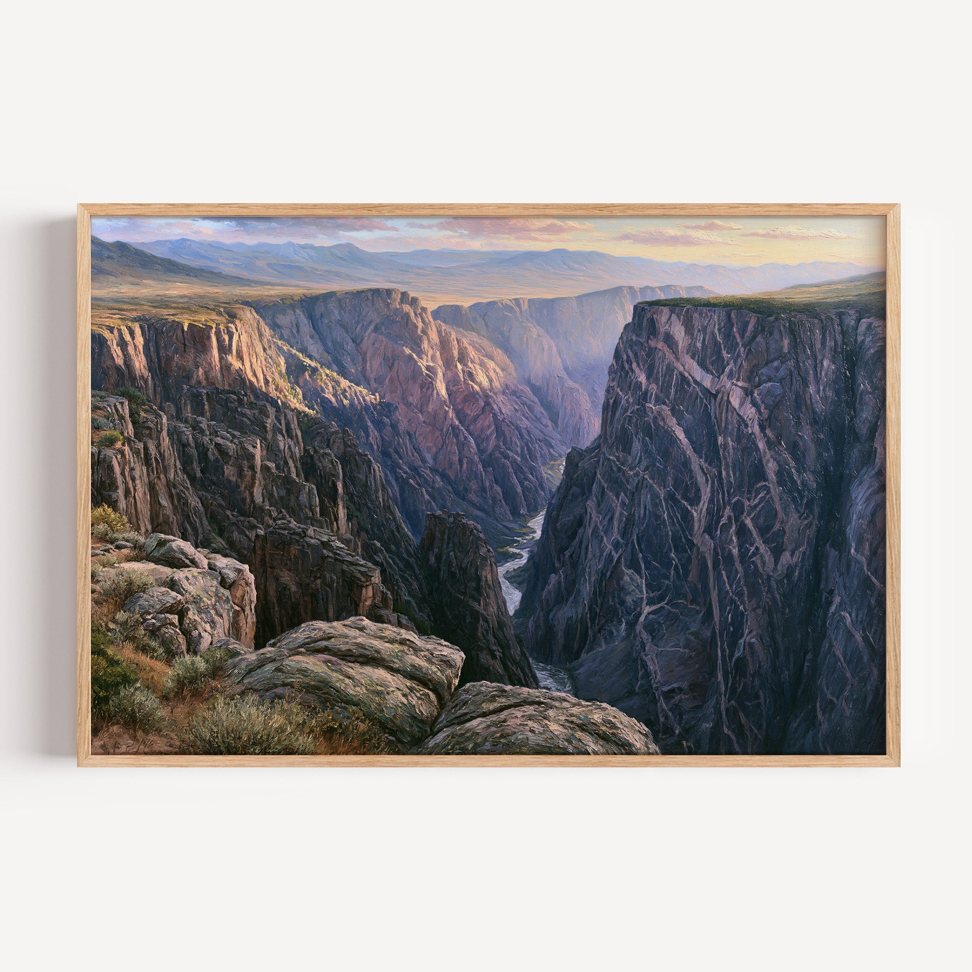 Black Canyon of the Gunnison classical oil painting print in an oak frame: sheer dark canyon walls