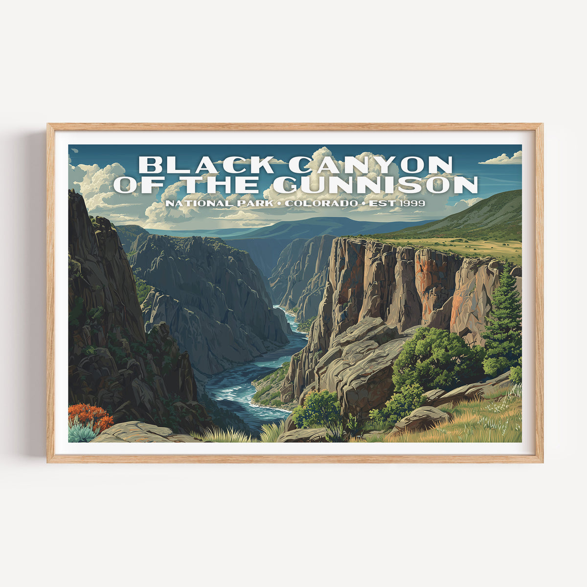 The Gunnison River running far below the sheer dark walls of Black Canyon — Black Canyon of the Gunnison National Park vintage travel poster