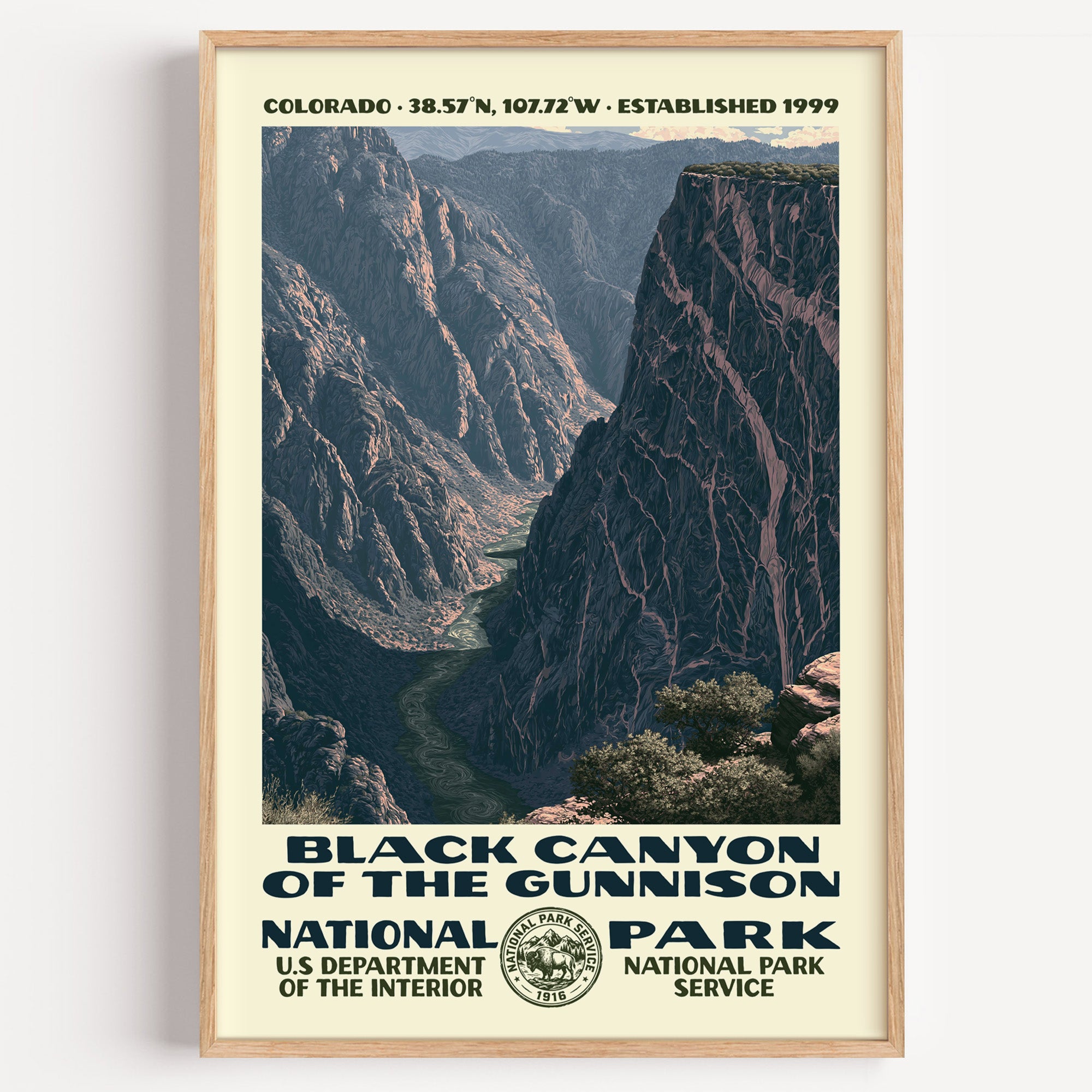 Black Canyon of the Gunnison National Park vintage WPA poster in a wood frame, sheer dark canyon walls