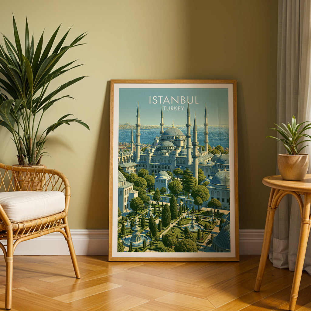 Large Blue Mosque Istanbul Turkey travel print in an oak frame leaning on a herringbone floor next to a rattan chair