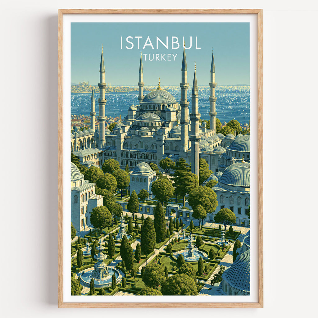 Blue Mosque Istanbul Turkey travel poster in a natural wood frame, shown against a clean white wall