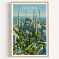 Blue Mosque Istanbul Turkey travel poster in a natural wood frame, shown against a clean white wall
