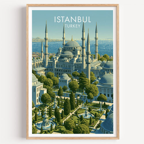 Blue Mosque Istanbul Turkey travel poster in a natural wood frame, shown against a clean white wall