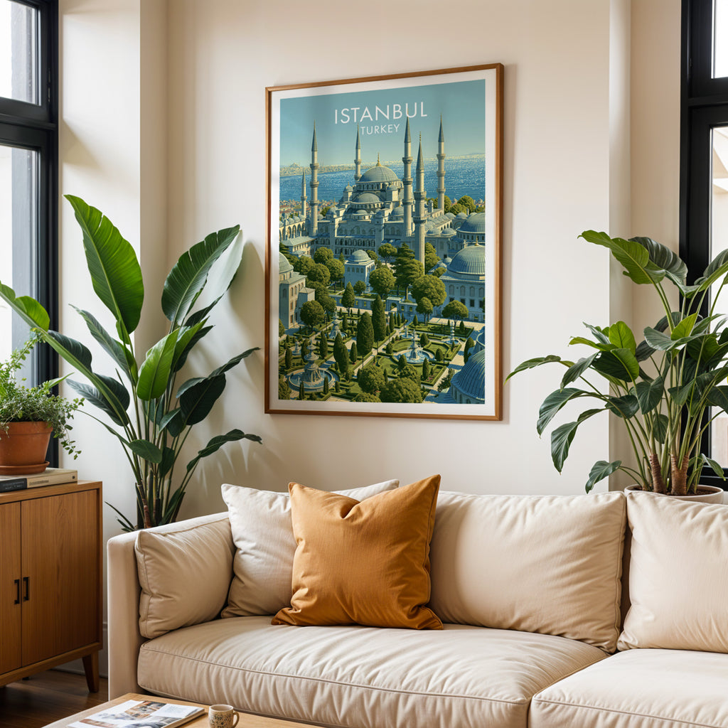 Framed Blue Mosque Istanbul Turkey wall art hanging above a cream sofa in a bright living room with tropical plants
