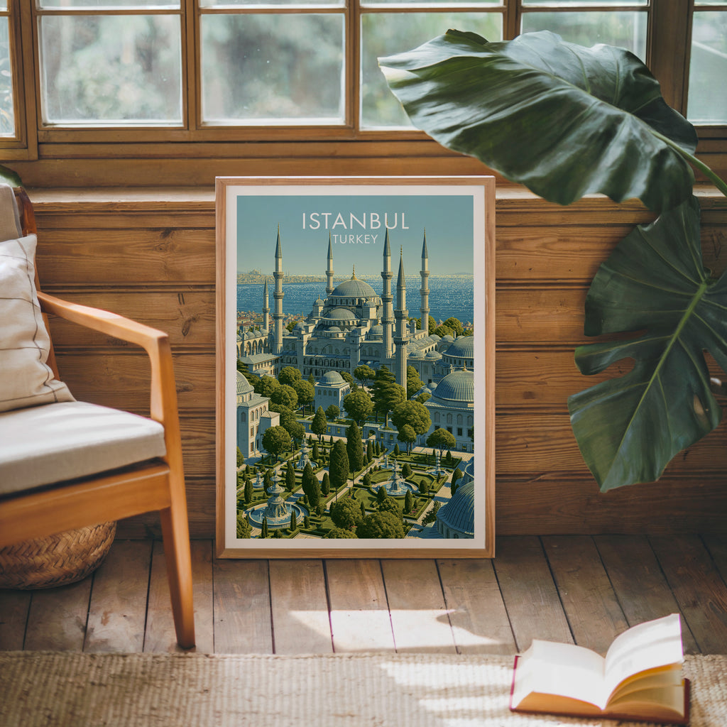 Framed Blue Mosque Istanbul Turkey poster leaning against a timber cabin wall with monstera leaves and an open book