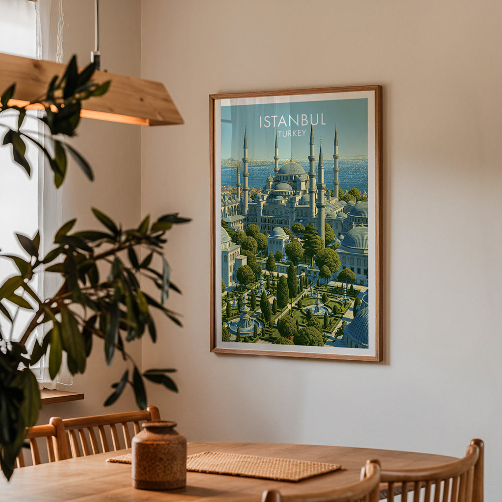 Framed Blue Mosque Istanbul Turkey print on a dining room wall above an oak table in warm afternoon light