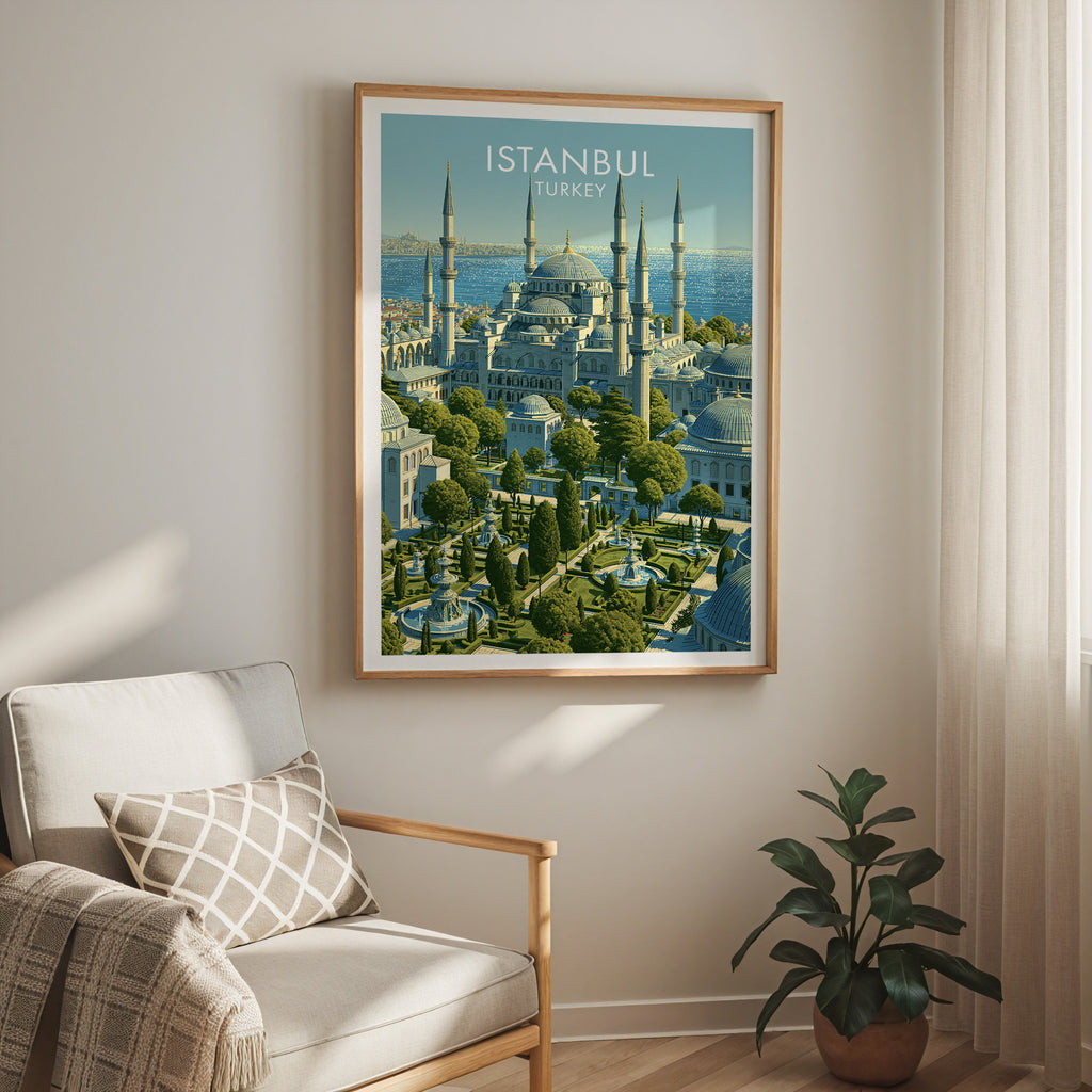 Blue Mosque Istanbul Turkey travel print in a light oak frame on a living room wall beside a linen armchair