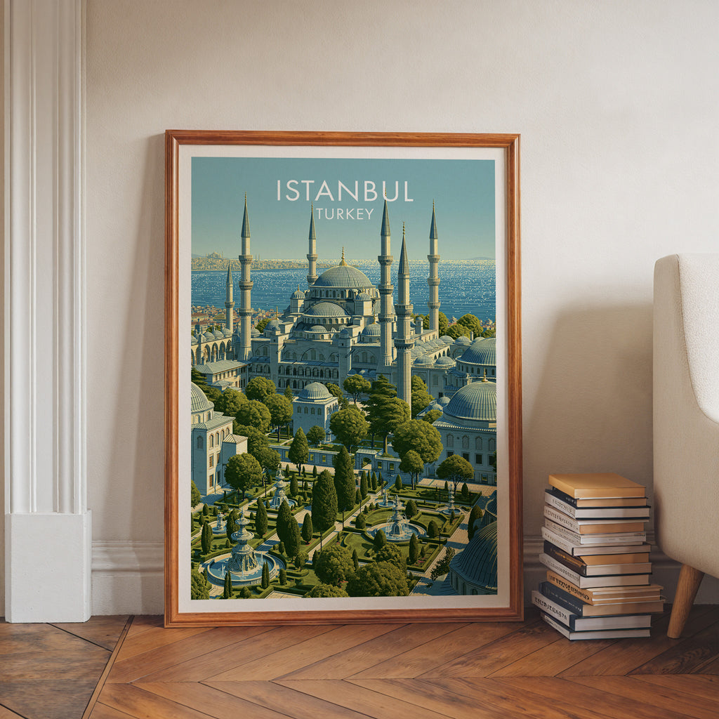 Blue Mosque Istanbul Turkey art print in a walnut frame leaning in a hallway beside stacked books