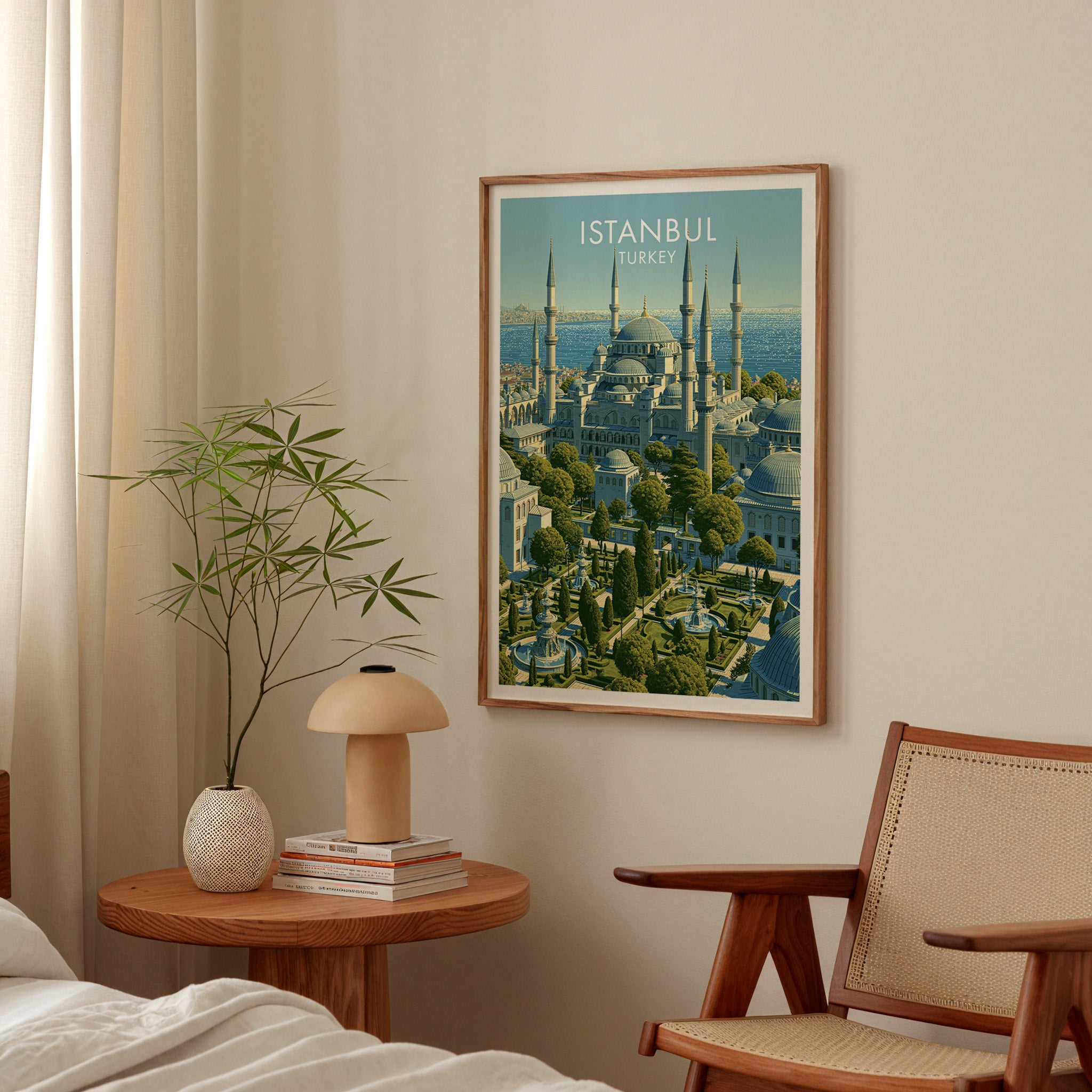 Blue Mosque Istanbul Turkey poster above a bedroom nightstand with a bamboo plant and mushroom lamp