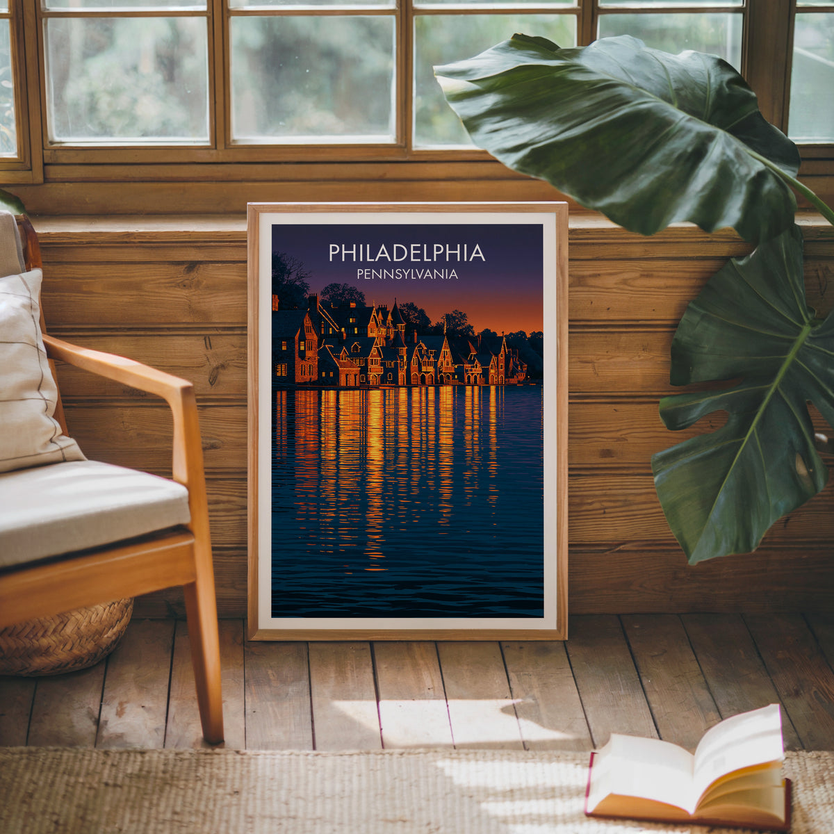 Philadelphia boathouses poster in an oak frame on a sunlit wood-panel wall by a mid-century armchair