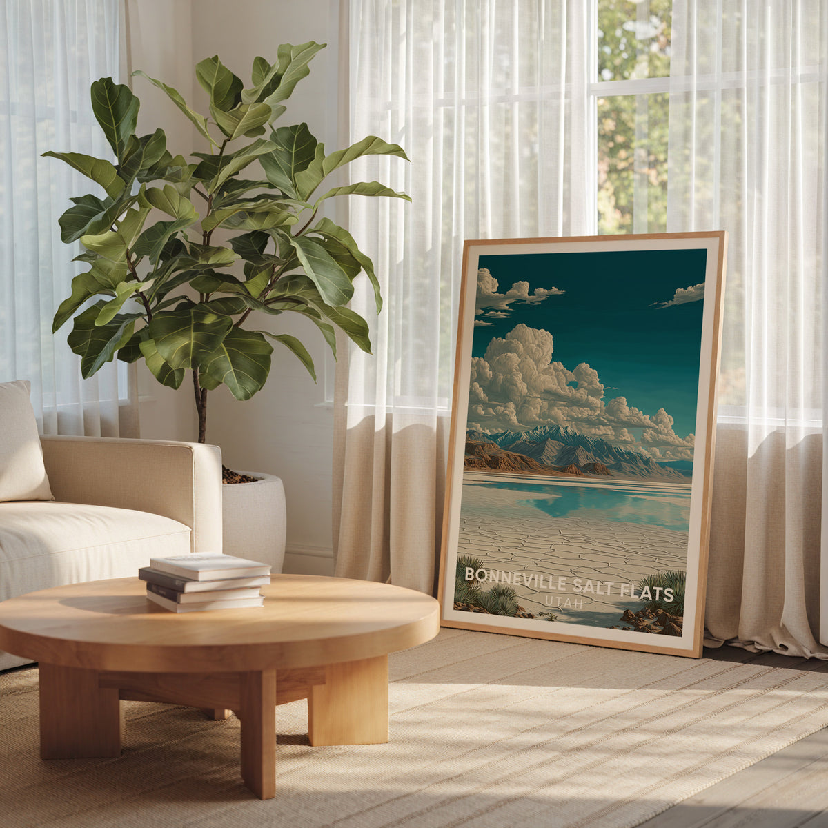 Salt flats canvas leaning beside a sheer-curtained window with a tall leafy plant and armchair