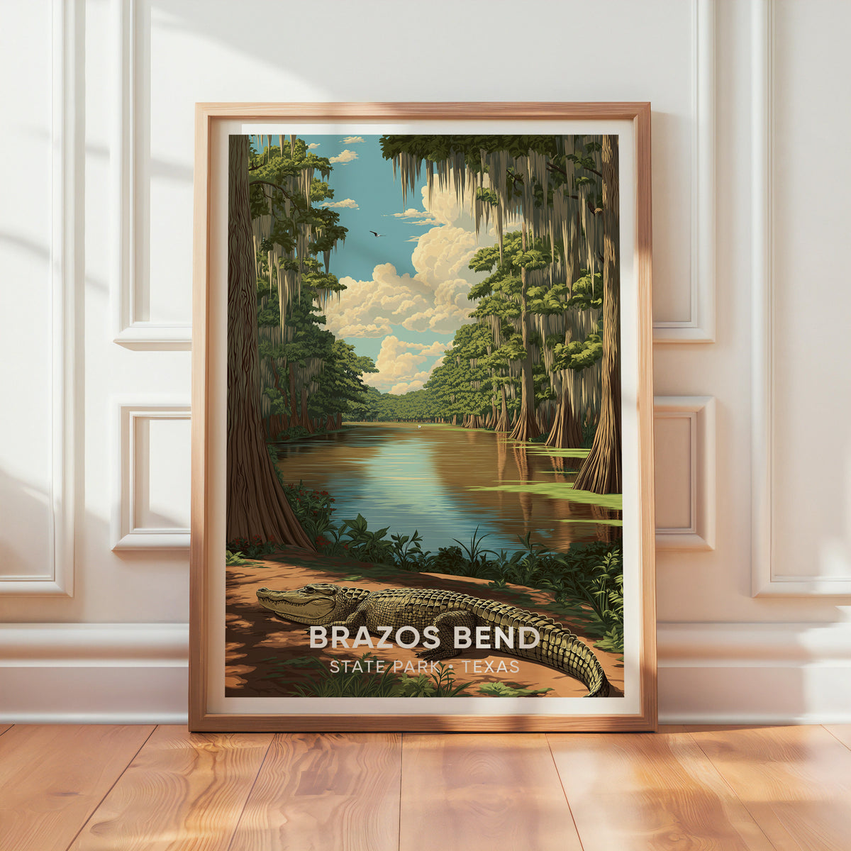 Brazos Bend print leaning on a white panelled wall over a wood floor in afternoon sunlight