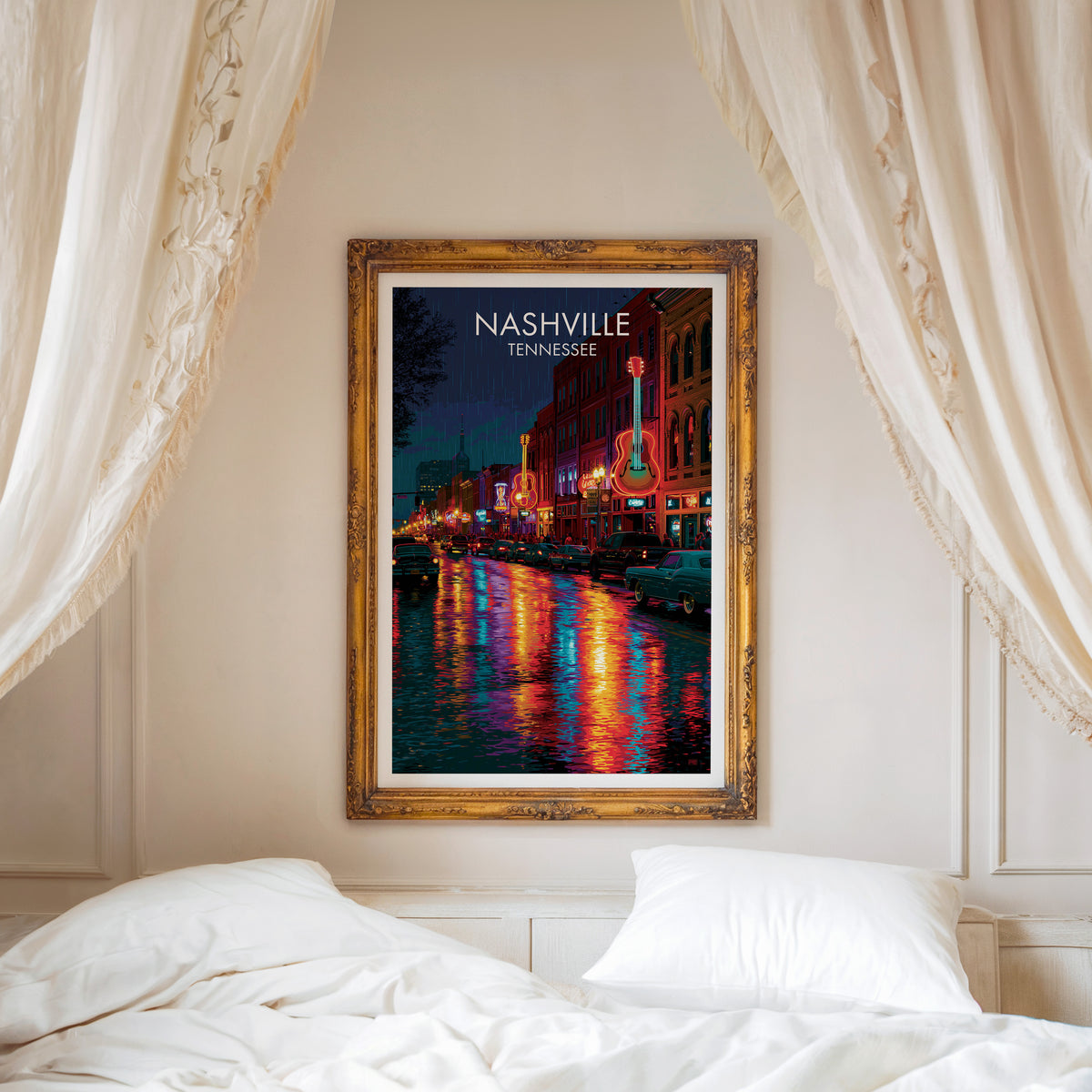 Broadway Nashville print in a carved gold frame above a white bed with linen canopy drapes