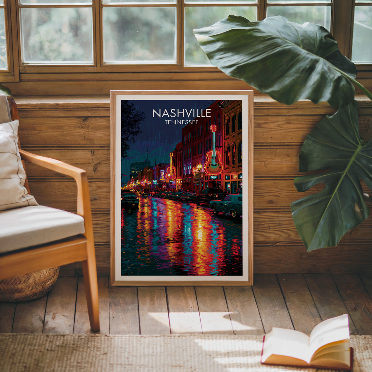 Broadway neon poster in an oak frame on a sunlit wood-panel wall beside a mid-century armchair