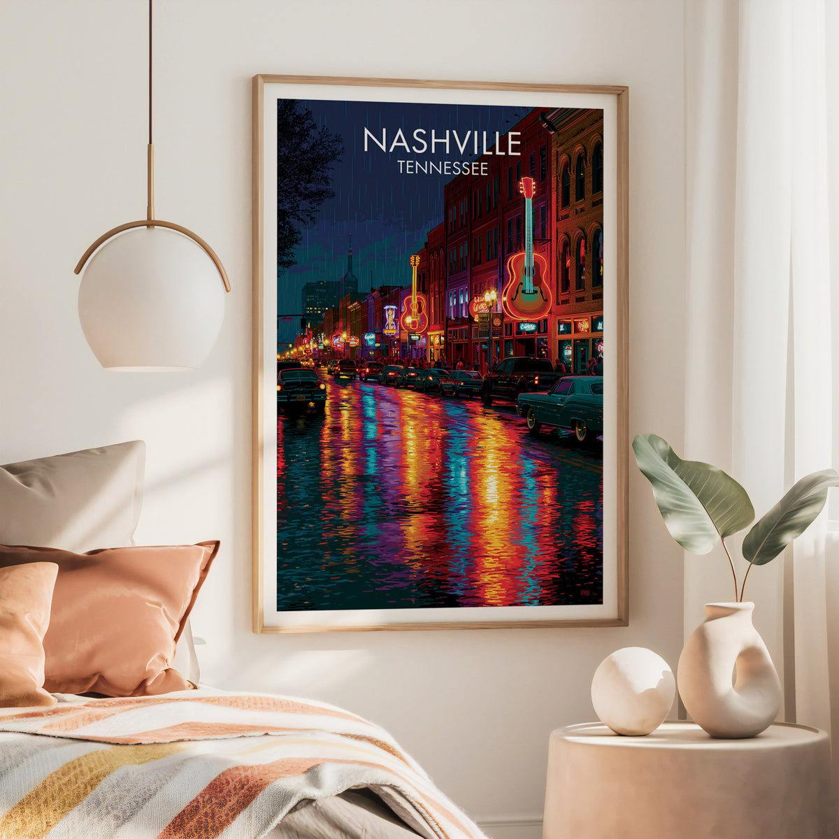 Large Nashville neon canvas in an oak frame above a rust-toned bed under a brass pendant lamp