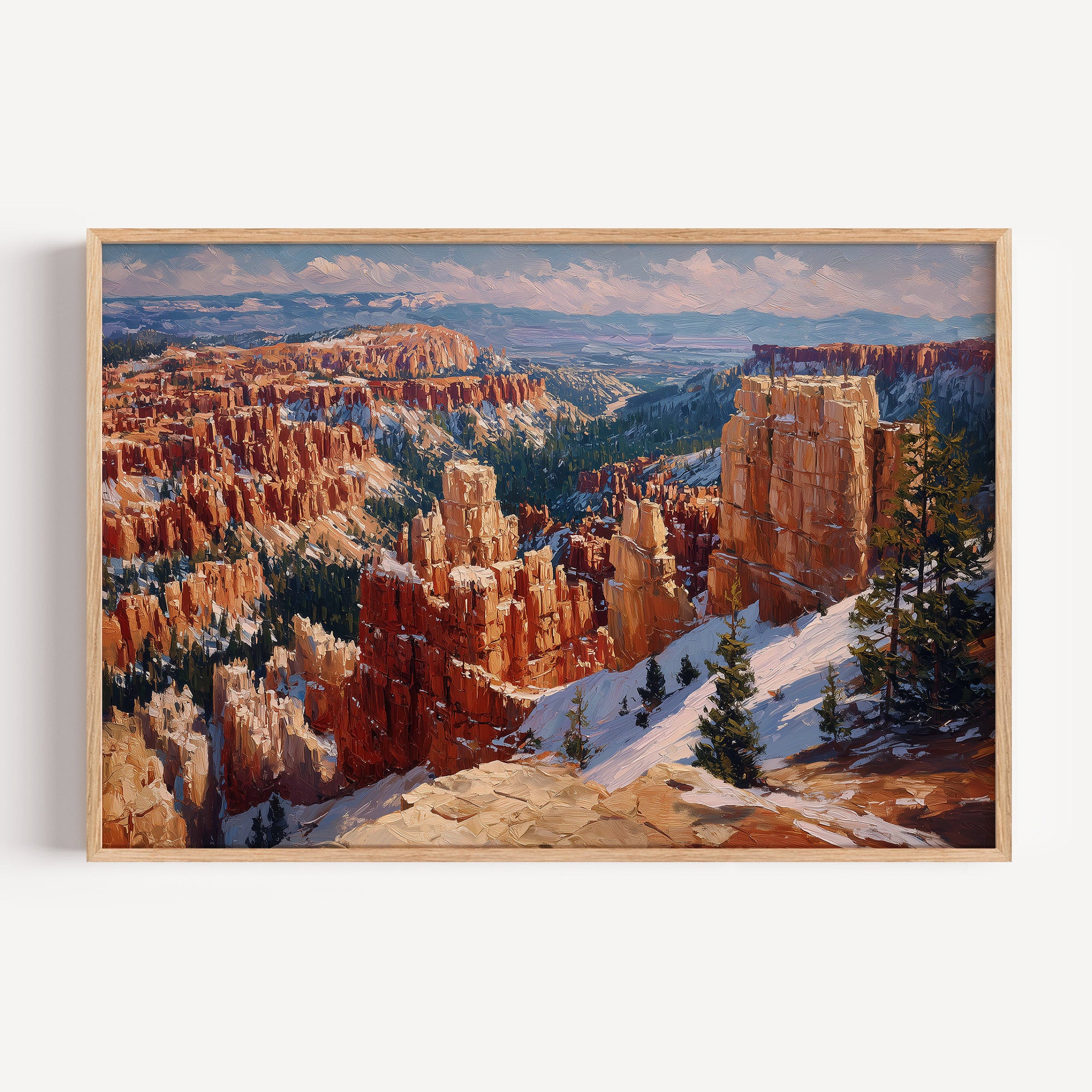 Bryce Canyon National Park oil painting print in a light oak frame: orange hoodoo spires dusted with snow