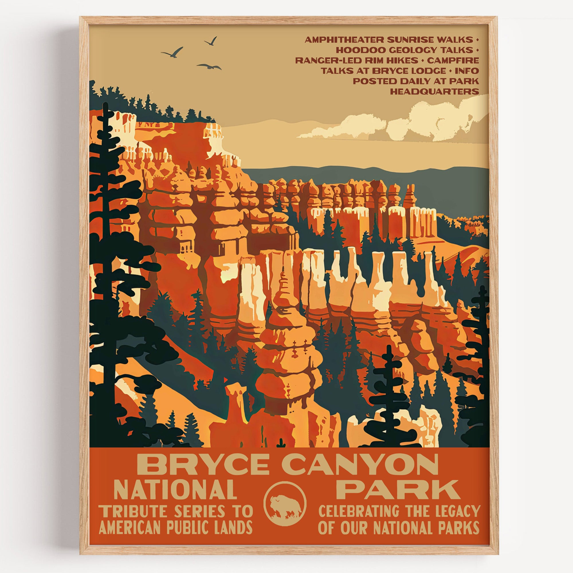 Bryce Canyon National Park wall art print in a thin wood frame, an amphitheatre of orange hoodoos below a forested rim
