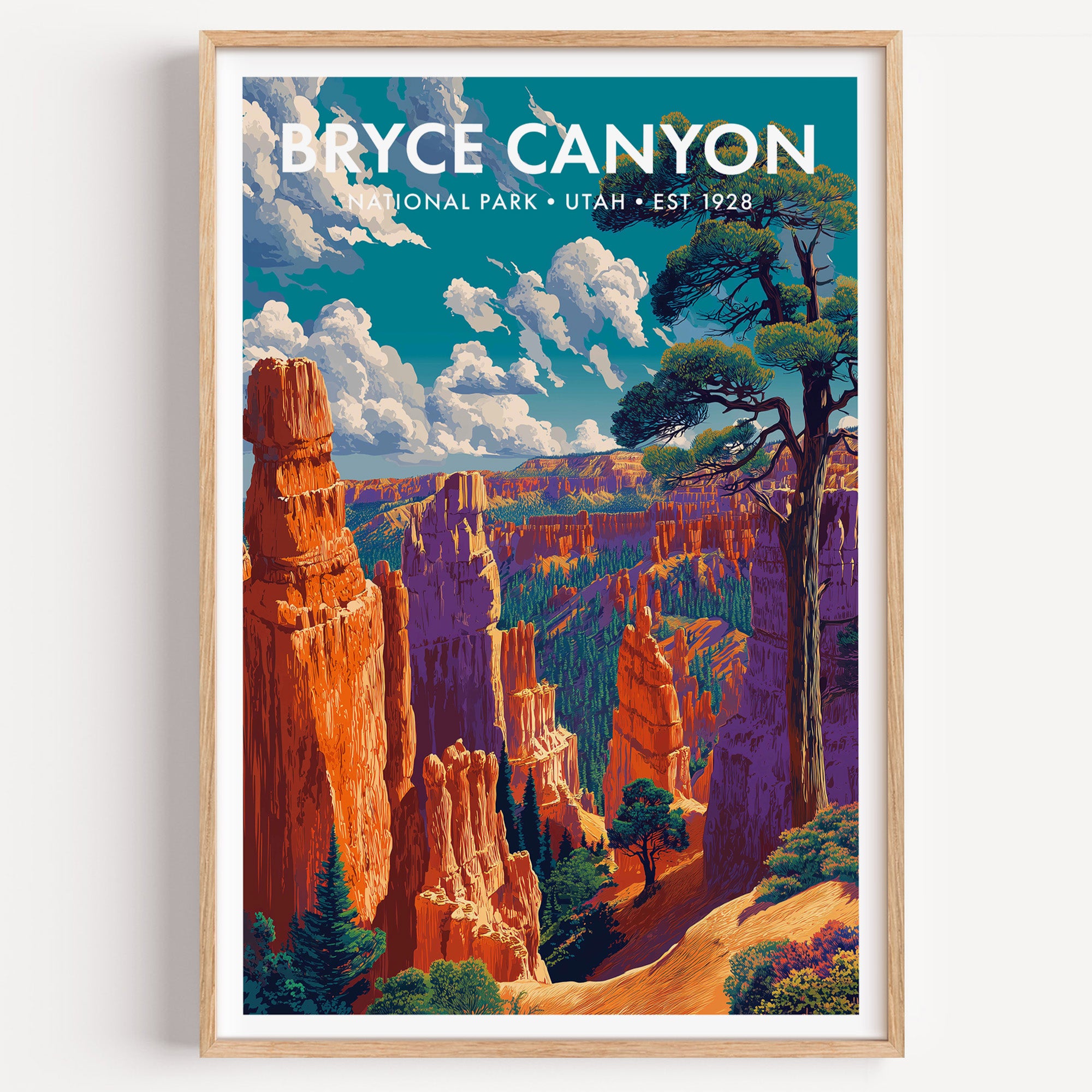 Bryce Canyon National Park mid-century modern art print — a crowded amphitheatre of orange hoodoos and fins